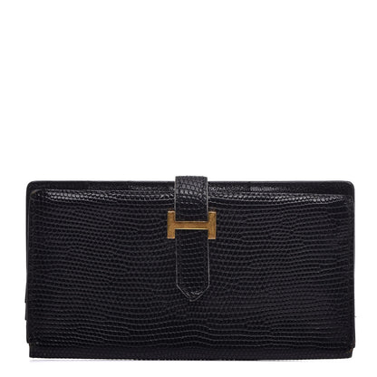 Hermes Lizard Bearn Gusset Wallet Black 1 of 8