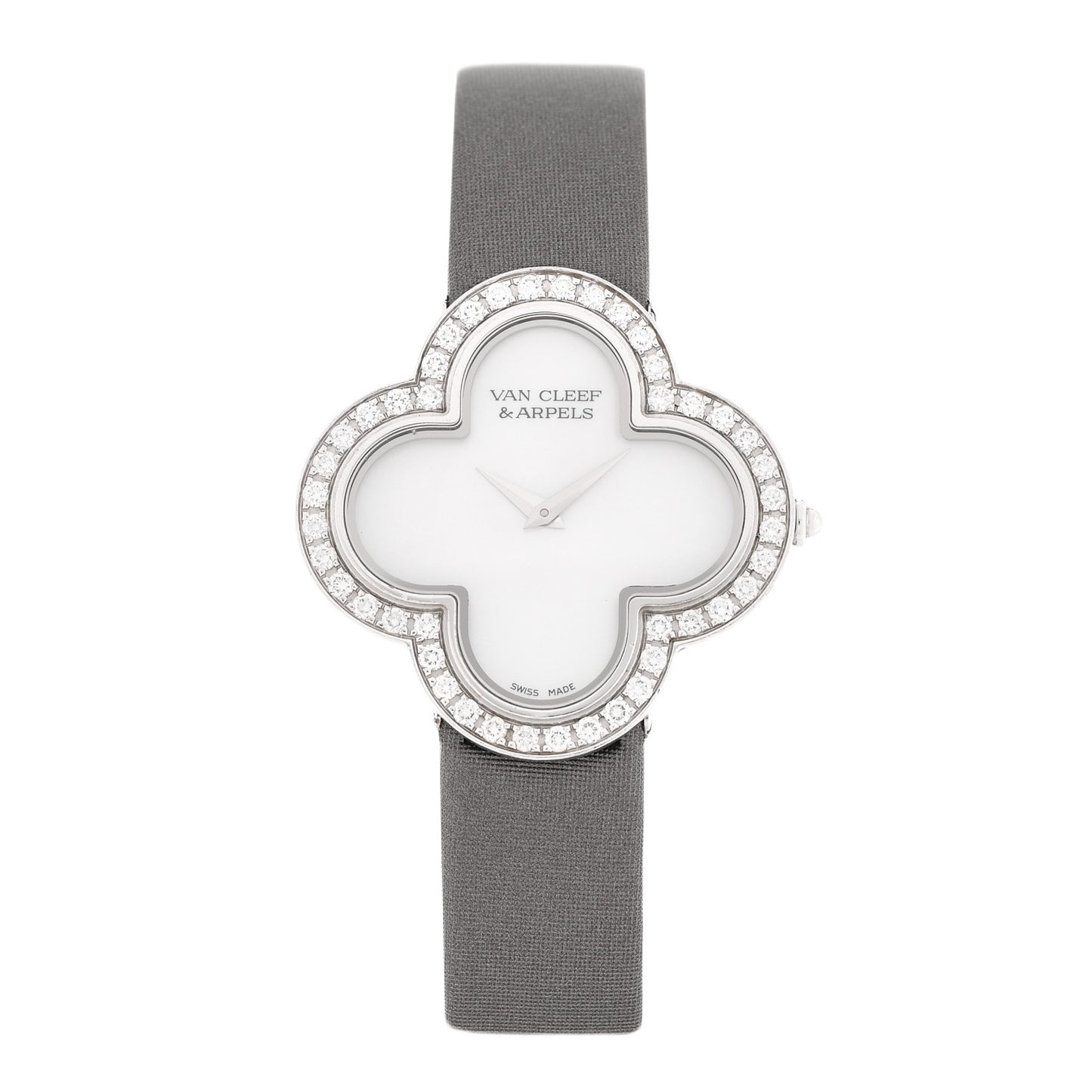 18K White Gold Satin Diamond Bezel Mother of Pearl 30mm Alhambra Quartz Watch