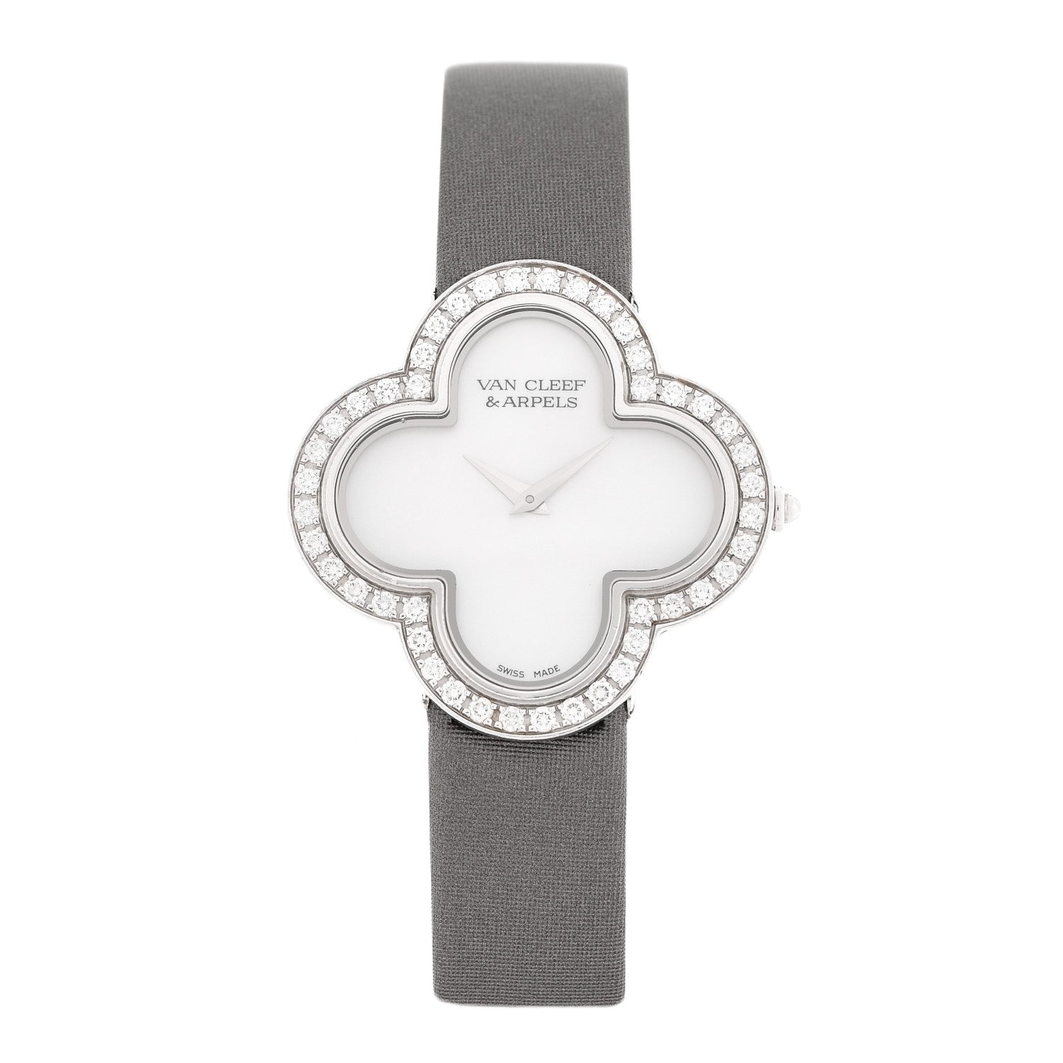 Van Cleef & Arpels 18K White Gold Satin Diamond Bezel Mother of Pearl 30mm Alhambra Quartz Watch 1 of 5