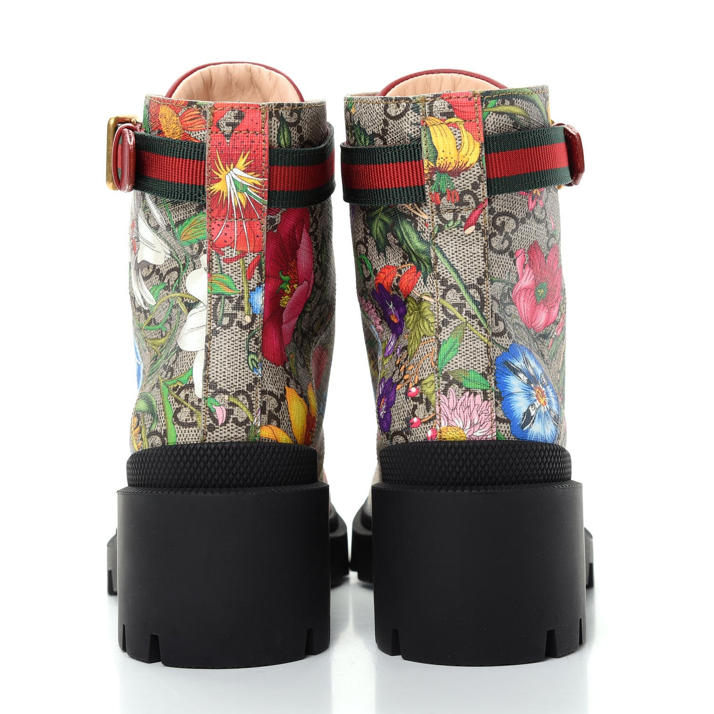 GG Supreme Monogram Flora Lace Up Combat Ankle Boots 36.5 Beige Multicolor Red