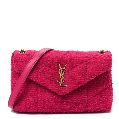 Saint Laurent Boucle Tweed Quilted Toy Loulou Puffer Monogram Chain Satchel Magenta 1 of 7