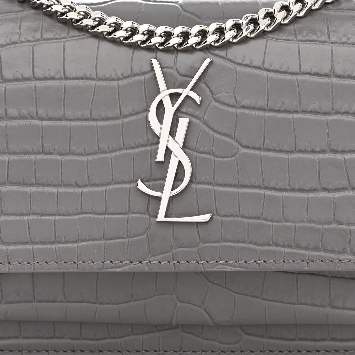 Calfskin Crocodile Embossed Monogram Sunset Chain Wallet Graphite
