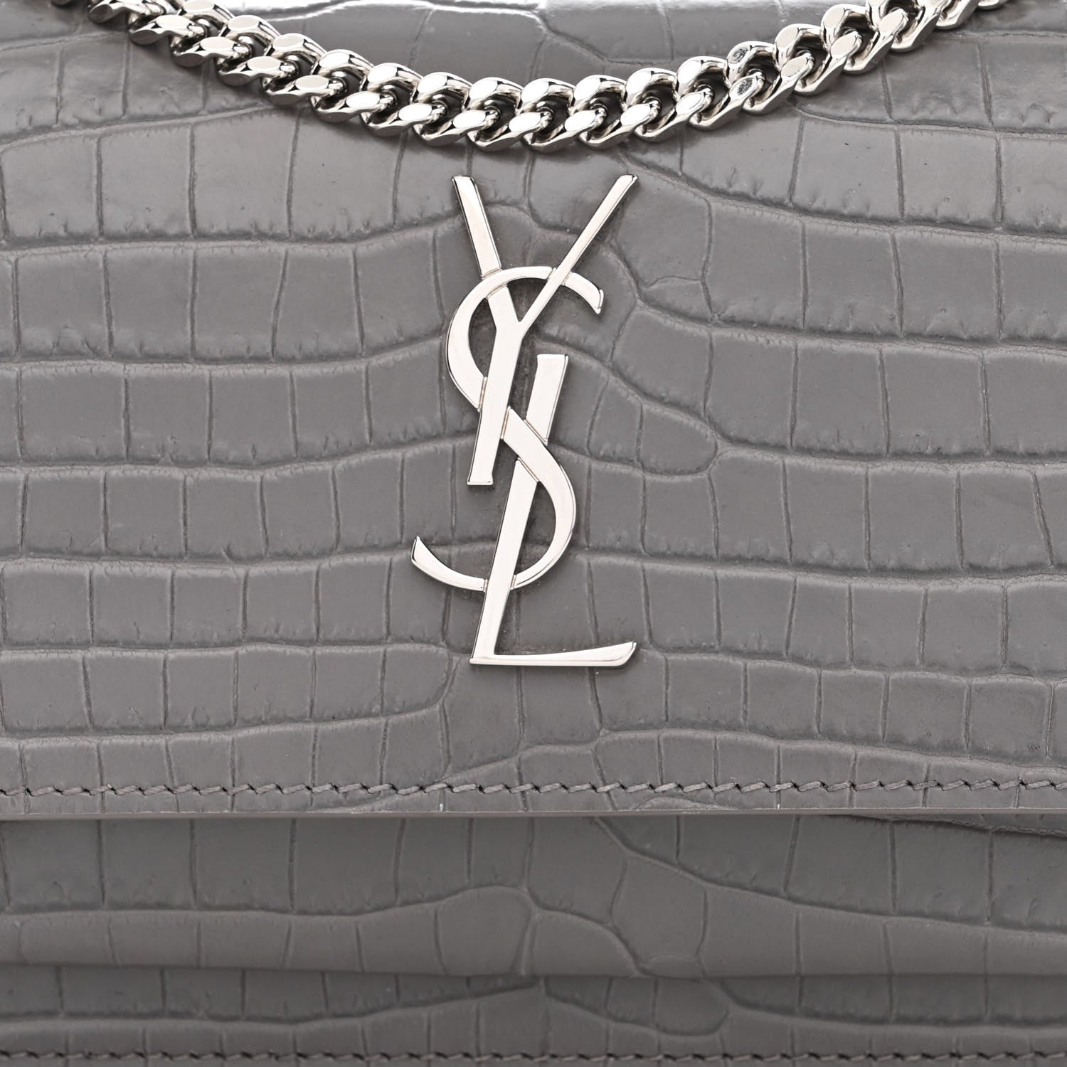 Saint Laurent Calfskin Crocodile Embossed Monogram Sunset Chain Wallet Graphite 9 of 11