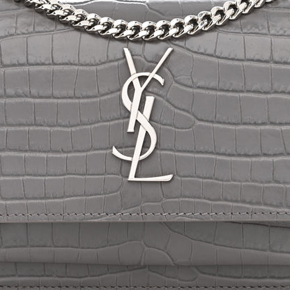 Saint Laurent Calfskin Crocodile Embossed Monogram Sunset Chain Wallet Graphite 9 of 11