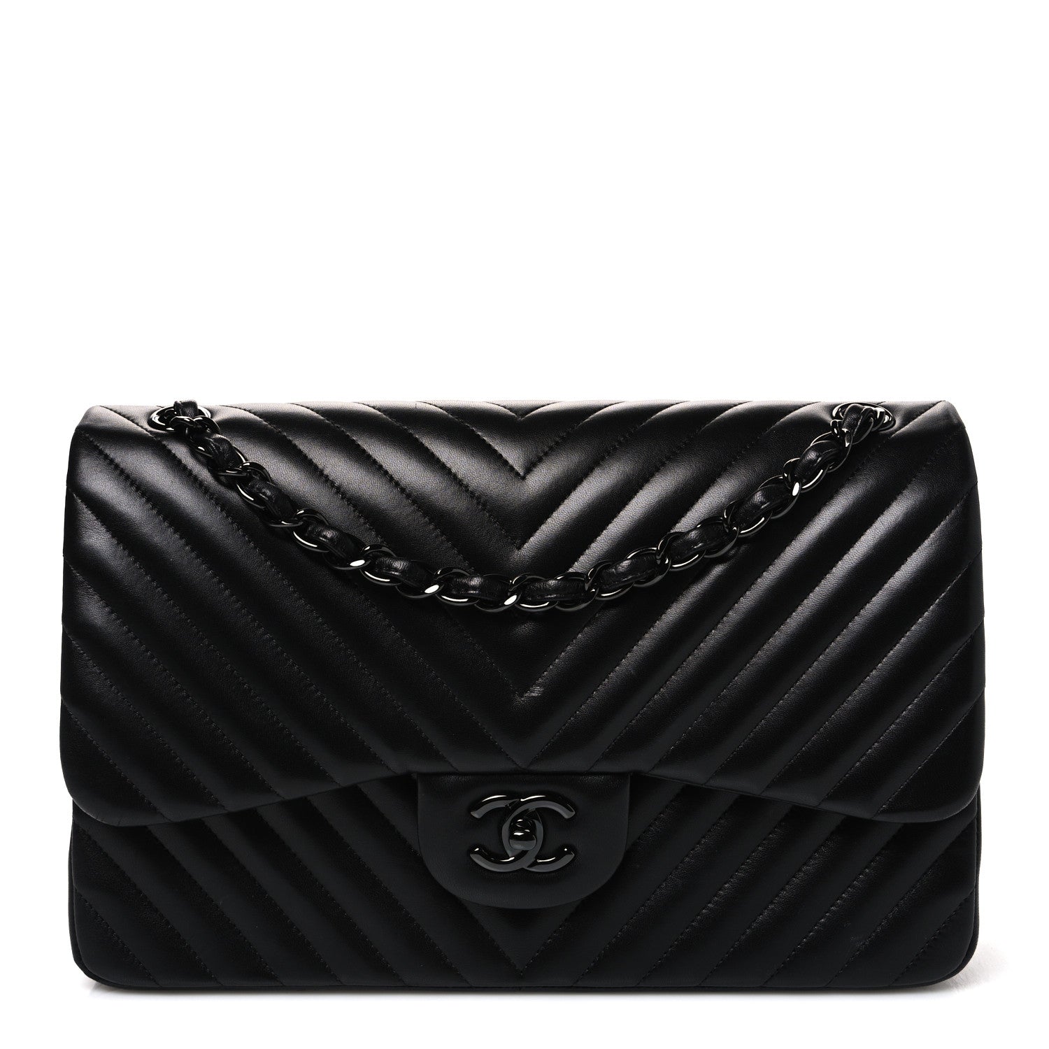 Chanel Lambskin Chevron Quilted Jumbo Double Flap So Black 1 of 11