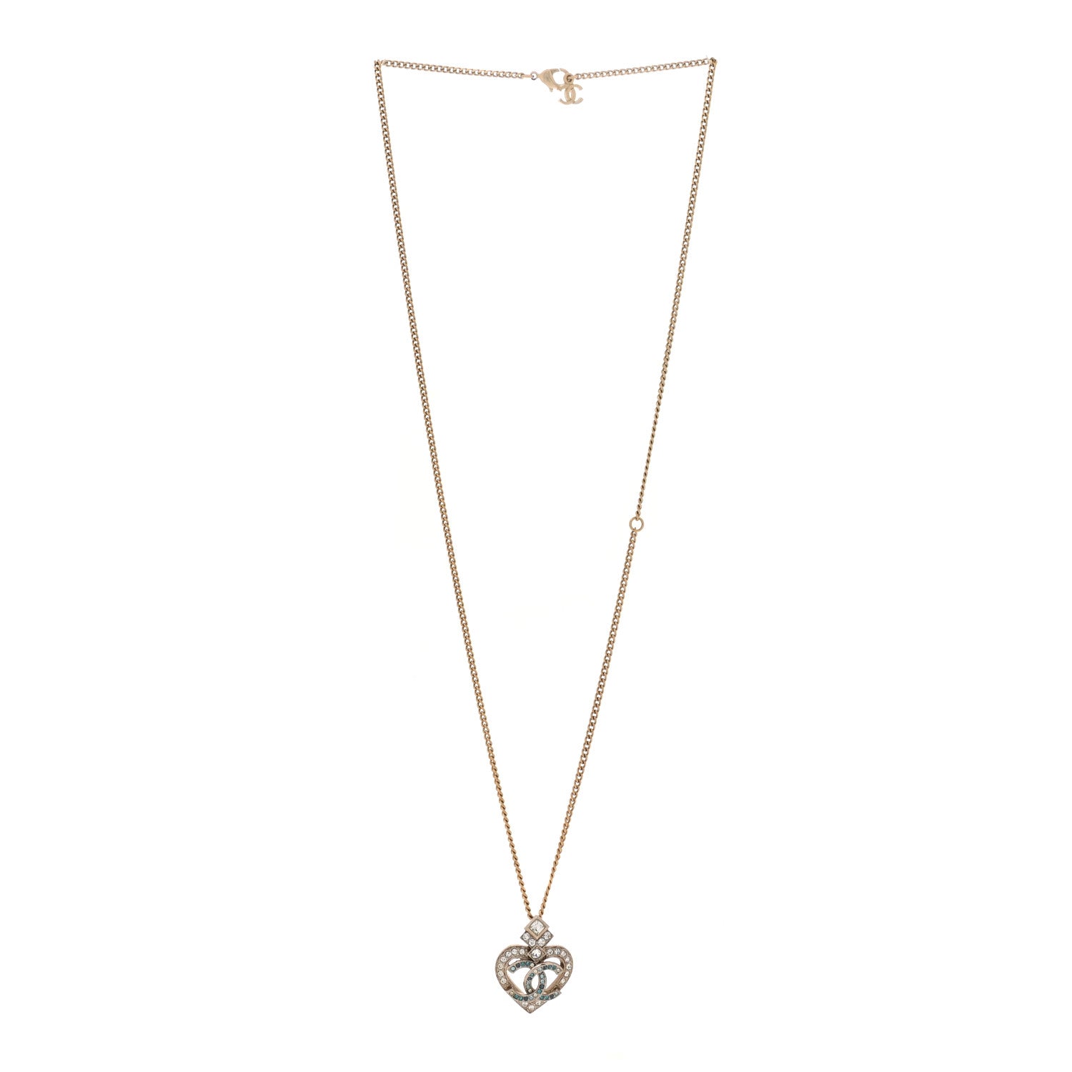 Chanel Crystal Heart CC Pendant Necklace Gold Silver Blue 3 of 5