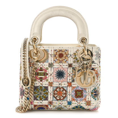 Christian Dior Calfskin Embroidered Beaded Geometric Cannage Mini Lady Dior White Multicolor 1 of 13