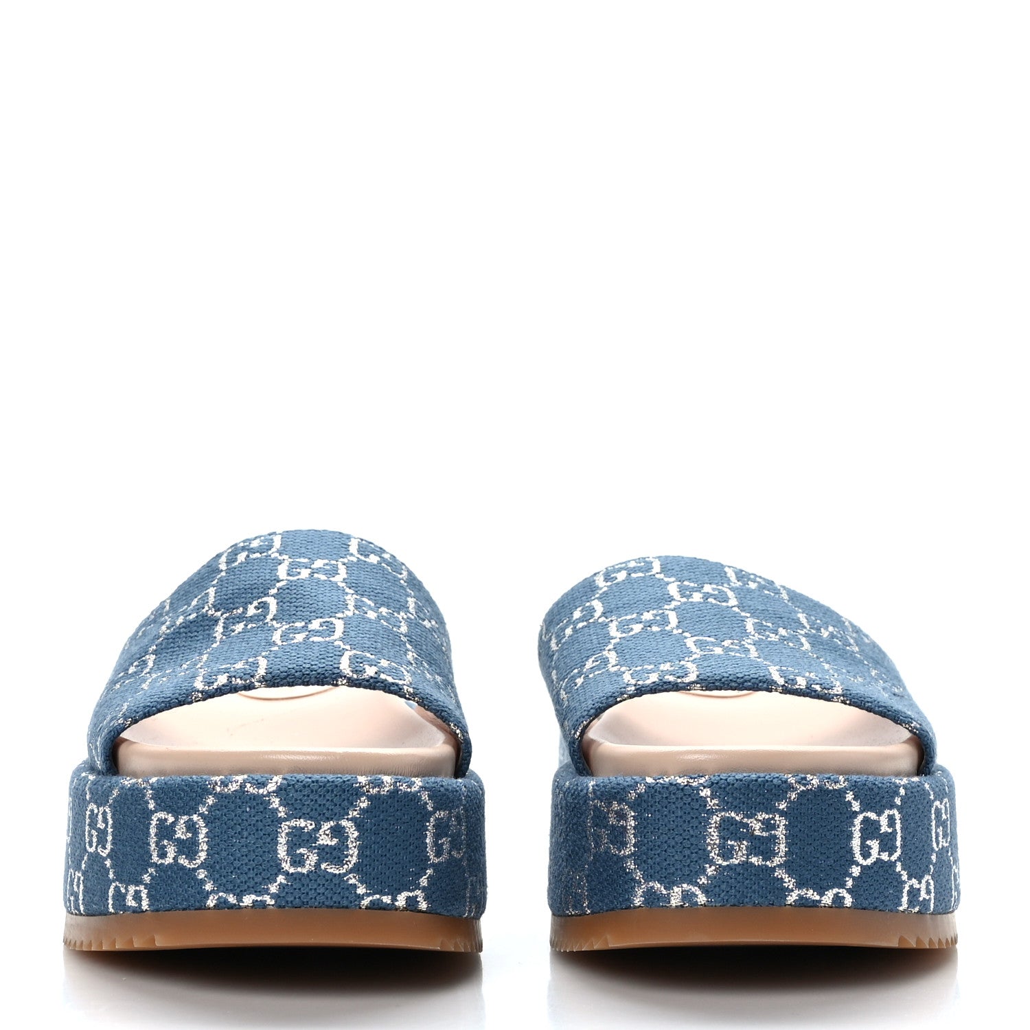 Gucci Canvas Lame GG Monogram Angelina Platform 55mm Slide Sandals 38 Blue Silver 2 of 8