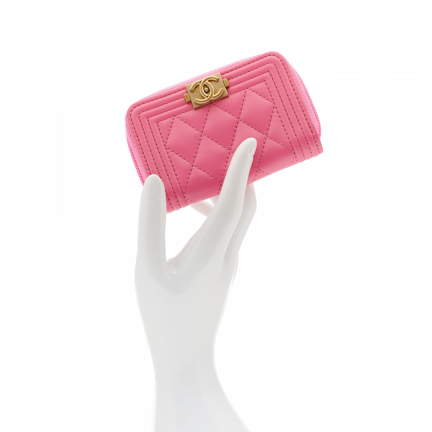 Lambskin Quilted Boy Zip Around Coin Purse Wallet Pink