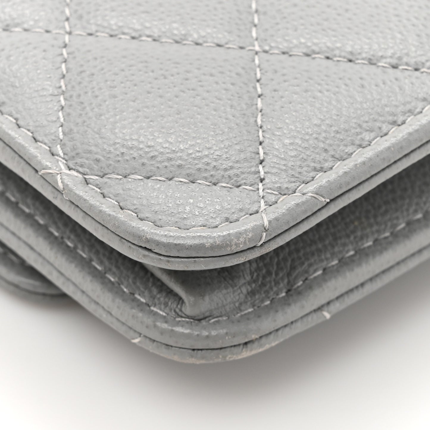 Grained Calfskin Quilted CC Box Wallet On Chain WOC Grey