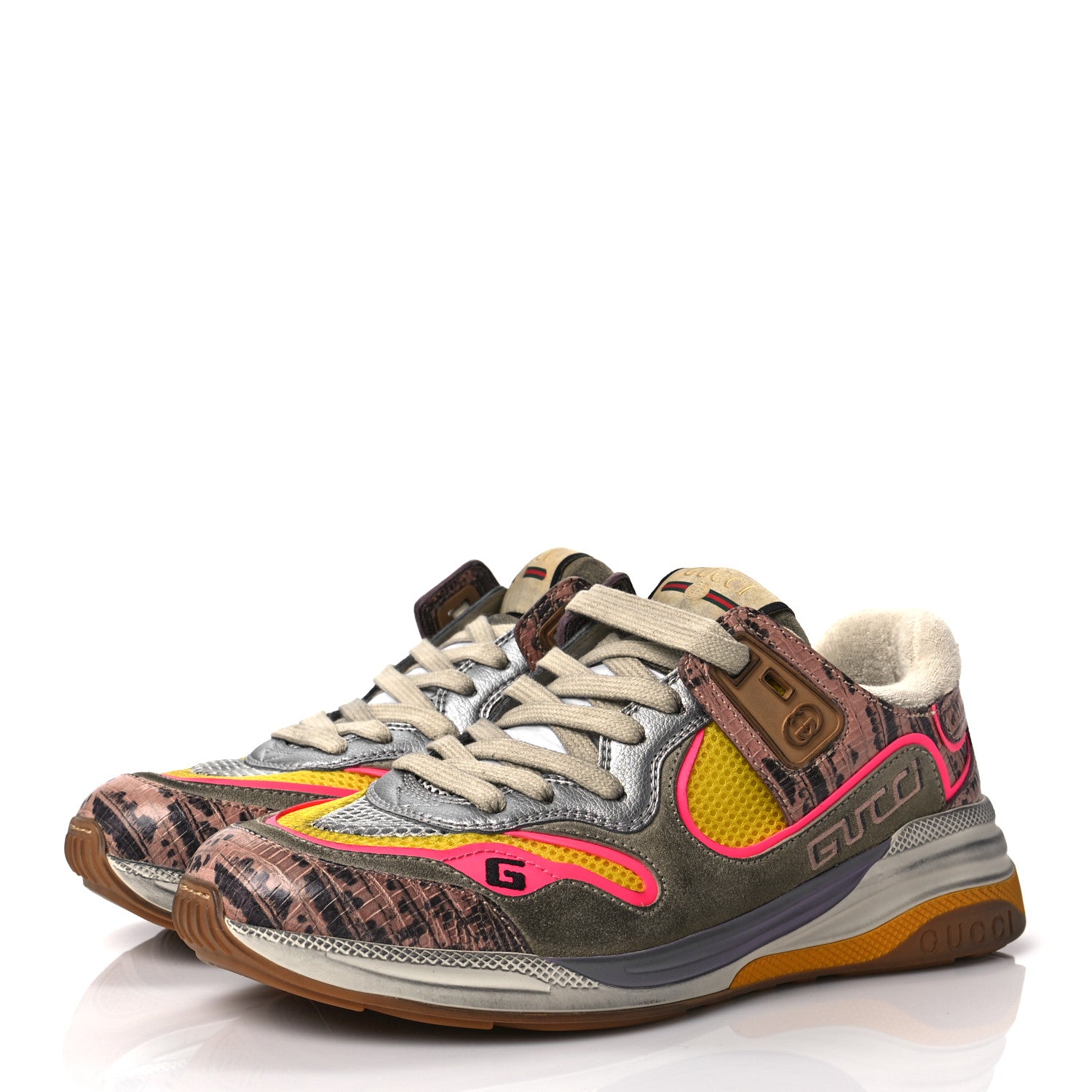 Gucci Suede Calfskin Tejus Printed Womens Ultrapace Sneakers 37.5 Pink Silver Oatmeal Yolk 3 of 11