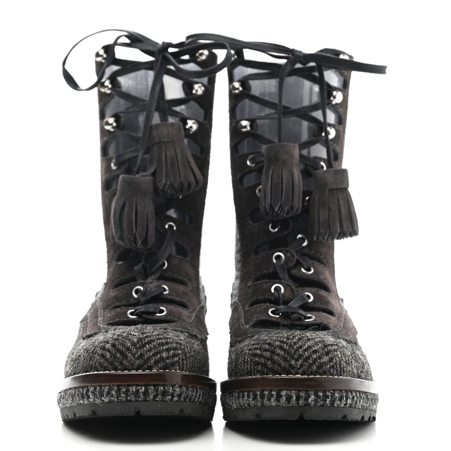 Tweed Suede Lace Up Boots 35.5 Brown