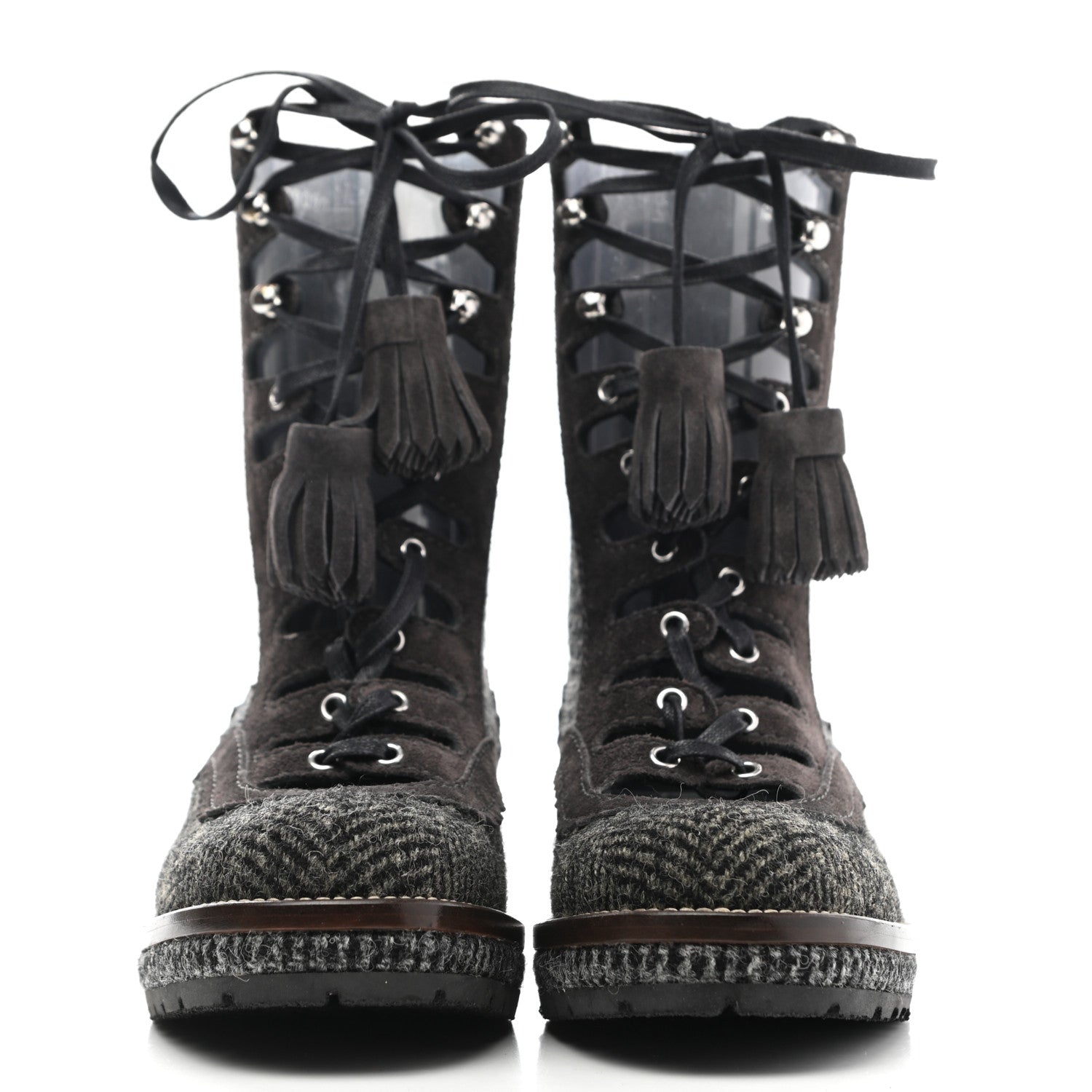 Chanel Tweed Suede Lace Up Boots 35.5 Brown 2 of 8