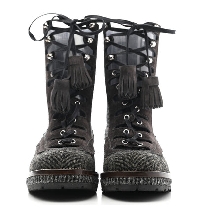 Chanel Tweed Suede Lace Up Boots 35.5 Brown 2 of 8