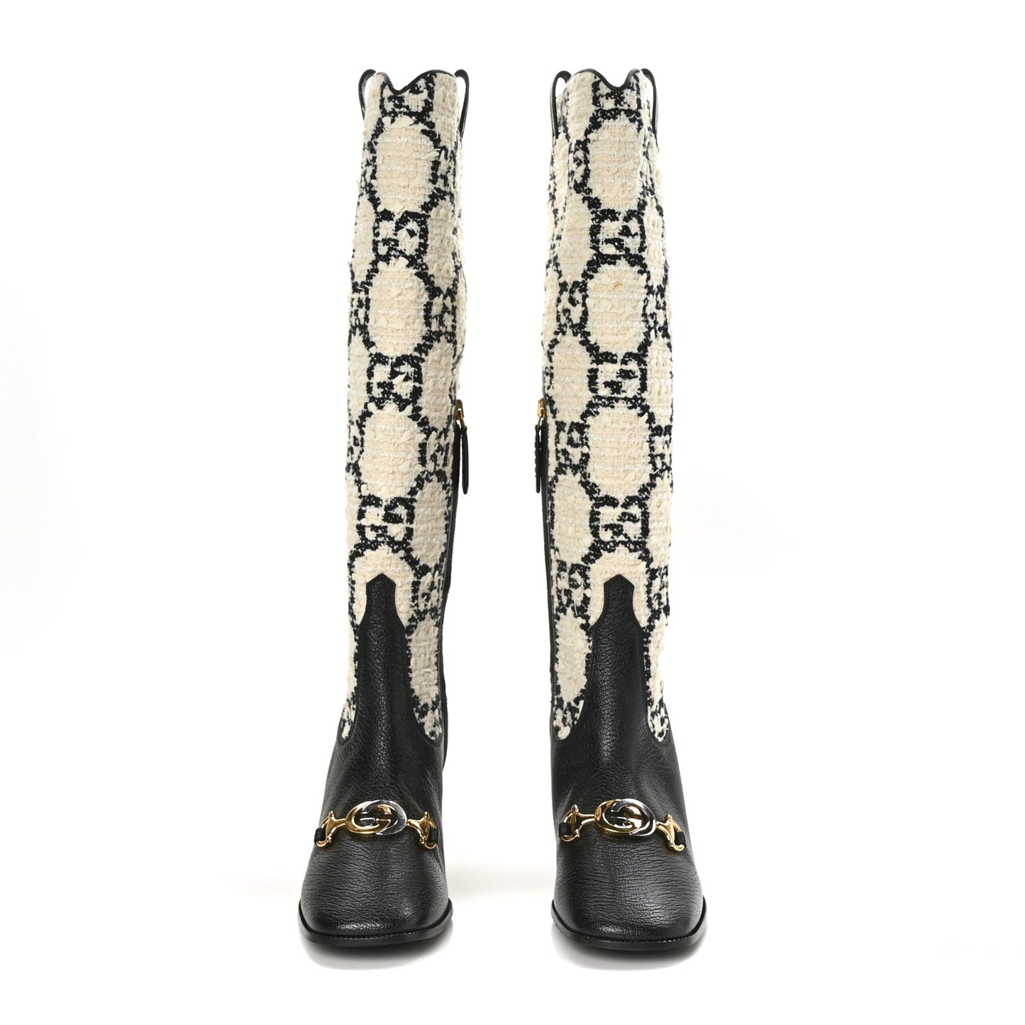 Tweed GG Monogram Wrinkled Kid Zumi Knee Boots 36 Natural Black