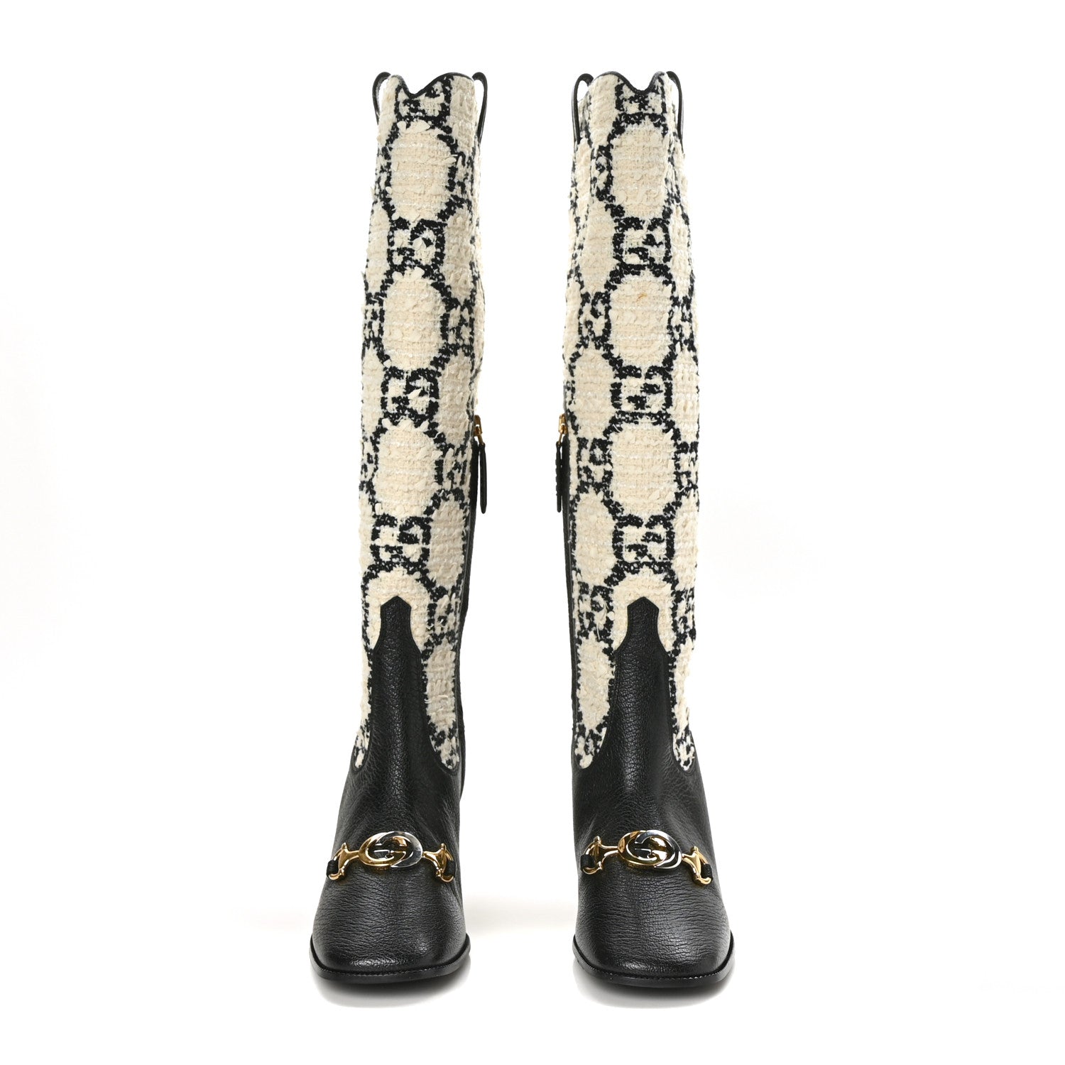 Gucci Tweed GG Monogram Wrinkled Kid Zumi Knee Boots 36 Natural Black 2 of 7