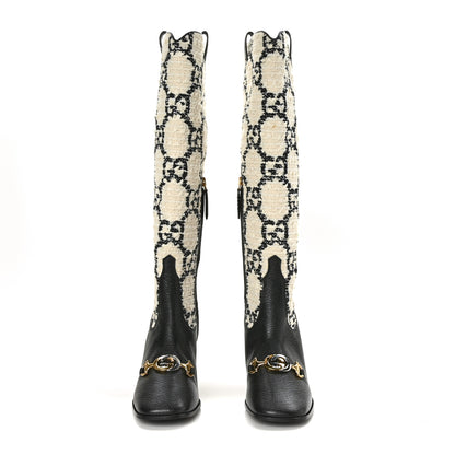 Gucci Tweed GG Monogram Wrinkled Kid Zumi Knee Boots 36 Natural Black 2 of 7