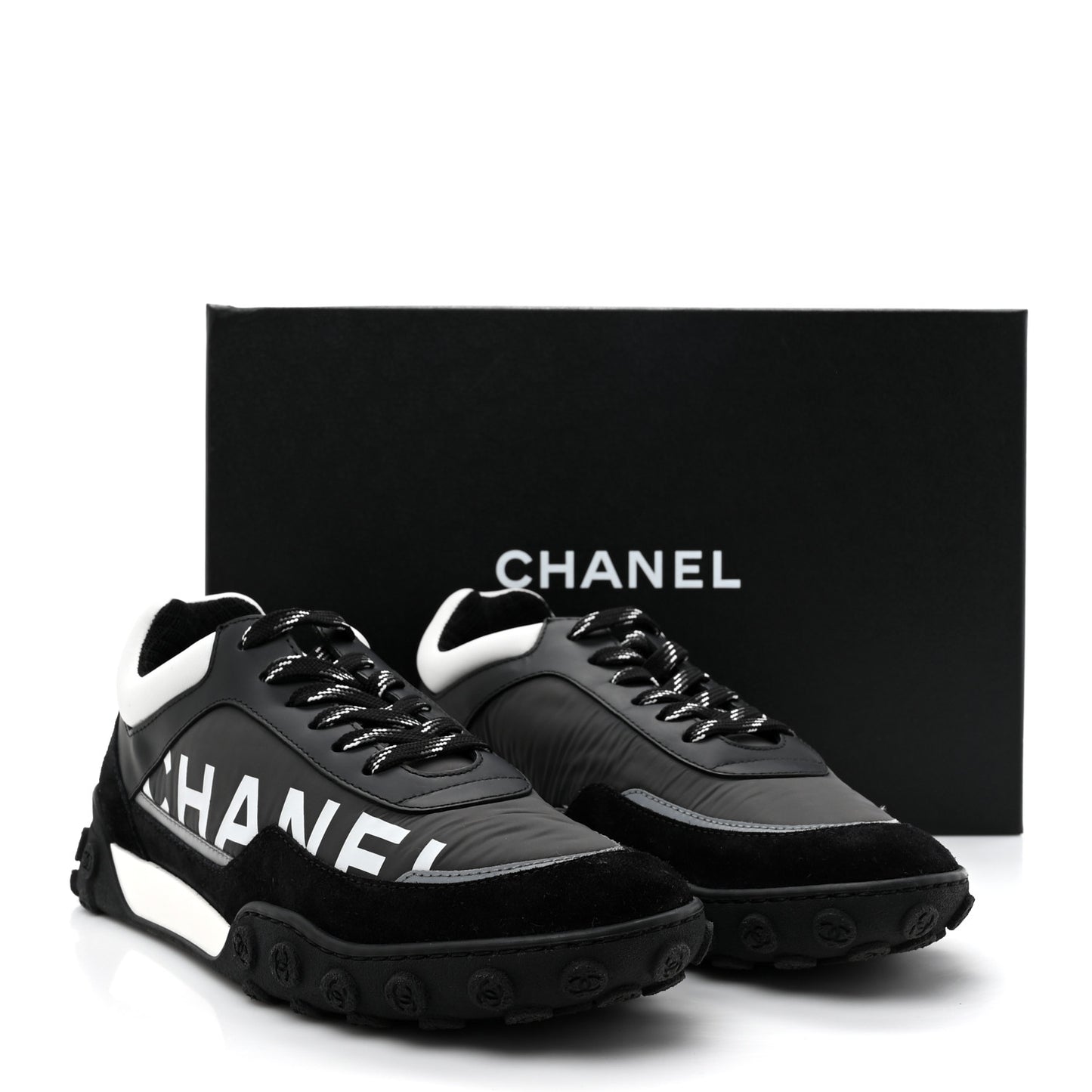 Nylon Calfskin Suede Womens CC Sneakers 40 Black Grey White