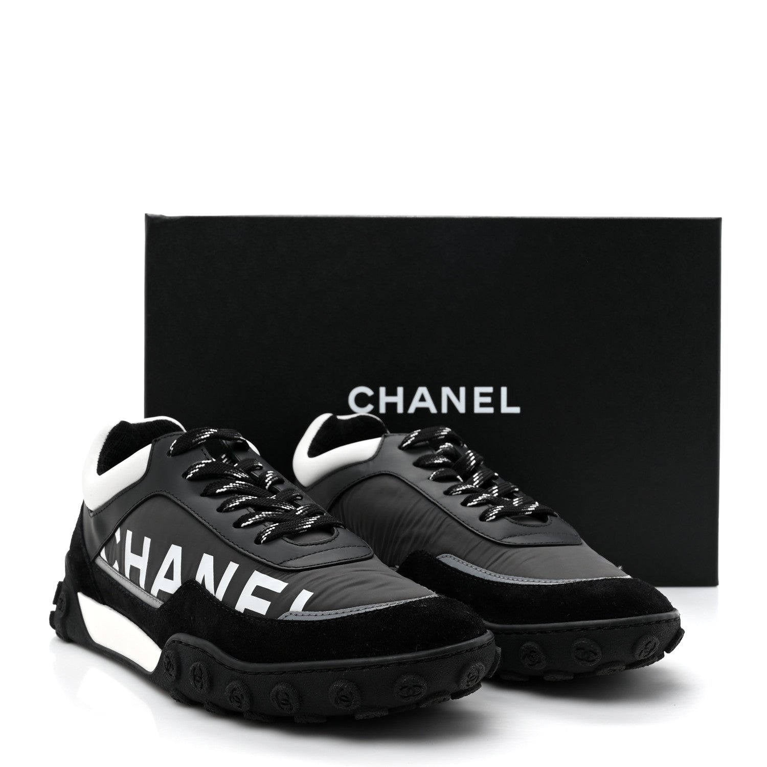 Chanel Nylon Calfskin Suede Womens CC Sneakers 40 Black Grey White 11 of 11