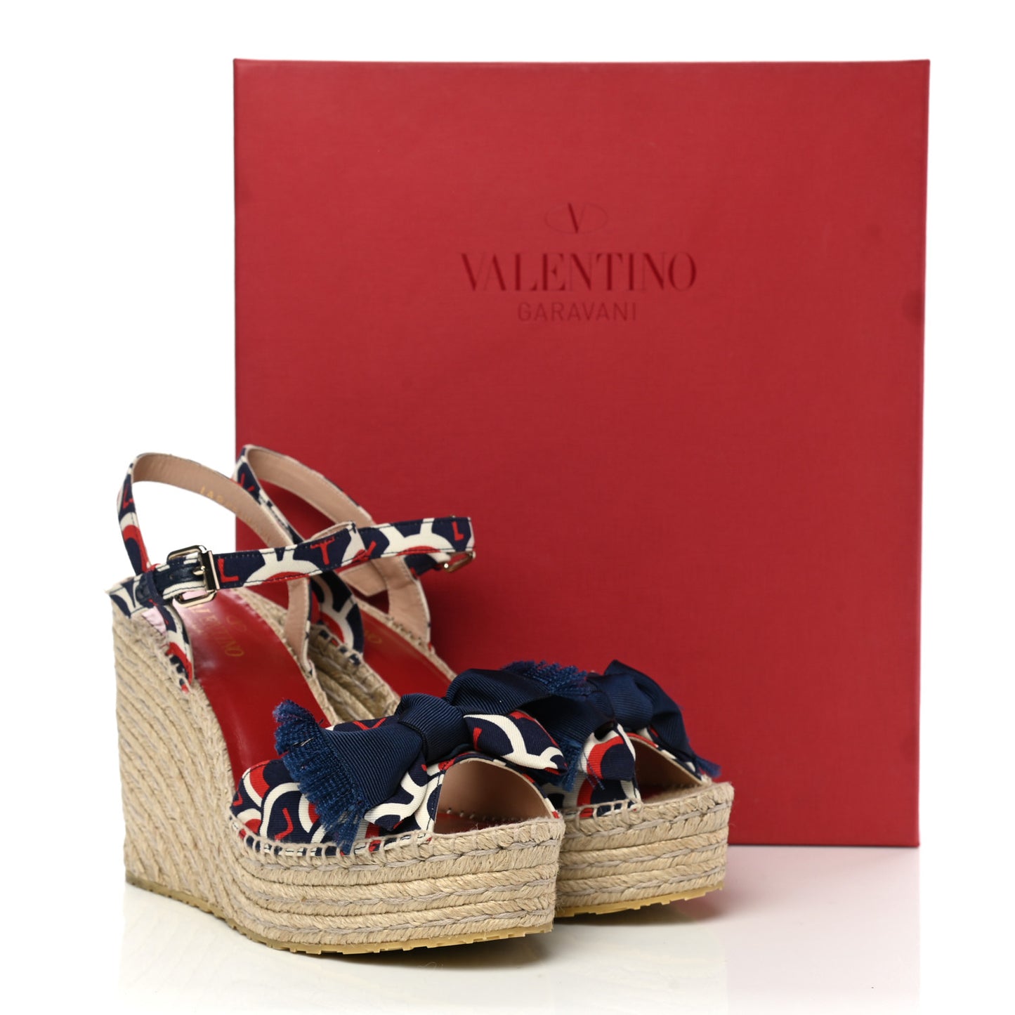 Twill Printed Bow Espadrille Wedge Sandals 39 Navy