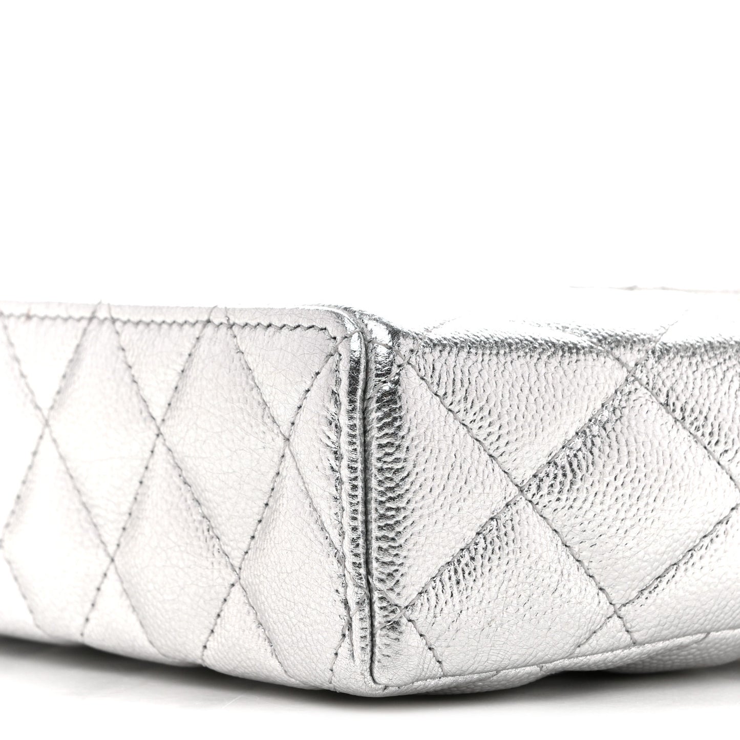 Metallic Caviar Quilted Top Handle Slim Vanity Case With Chain Silvery