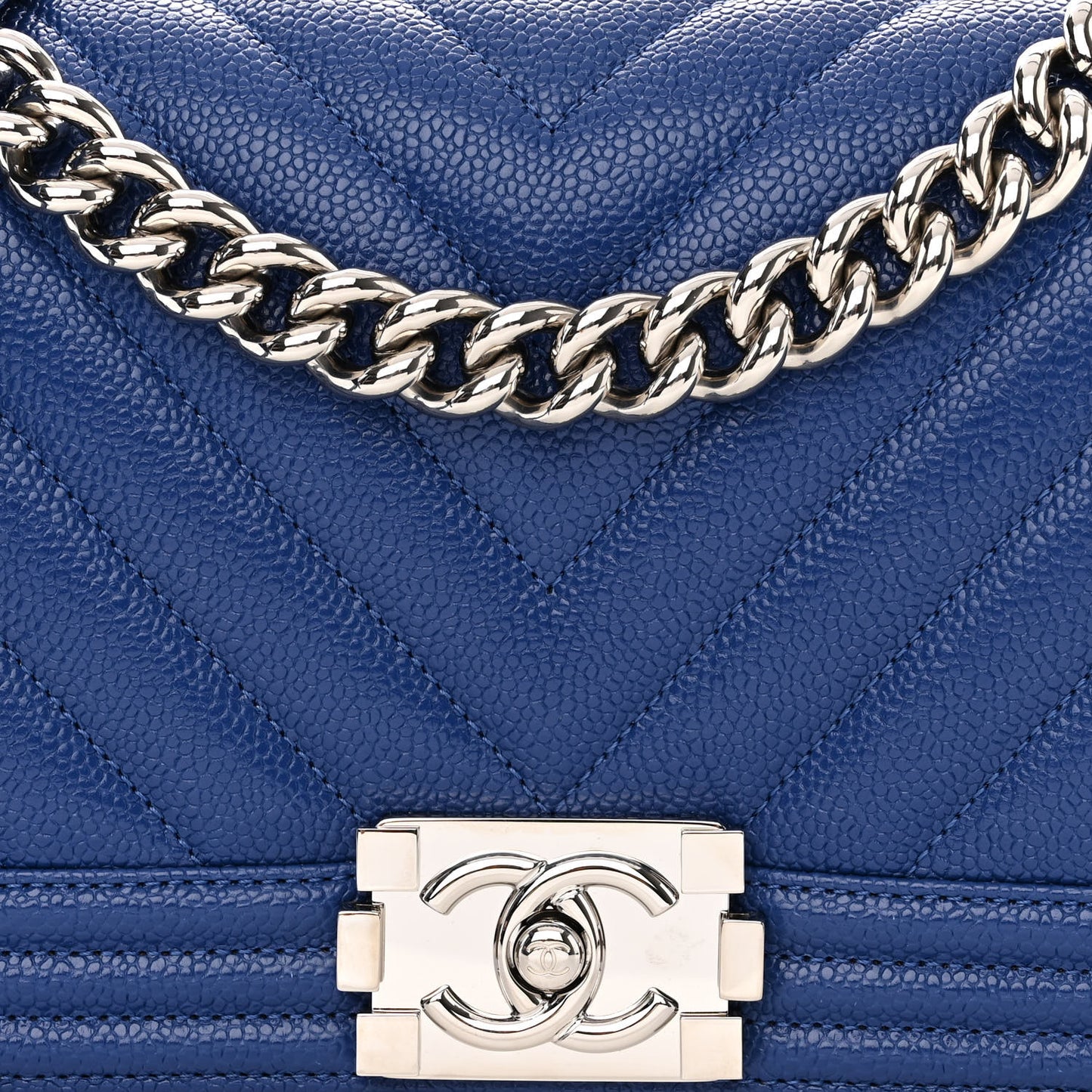 Caviar Chevron Quilted Medium Boy Flap Dark Blue