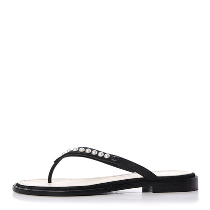 Chanel Suede Pearl Thong Sandals 37.5 Black 1 of 7