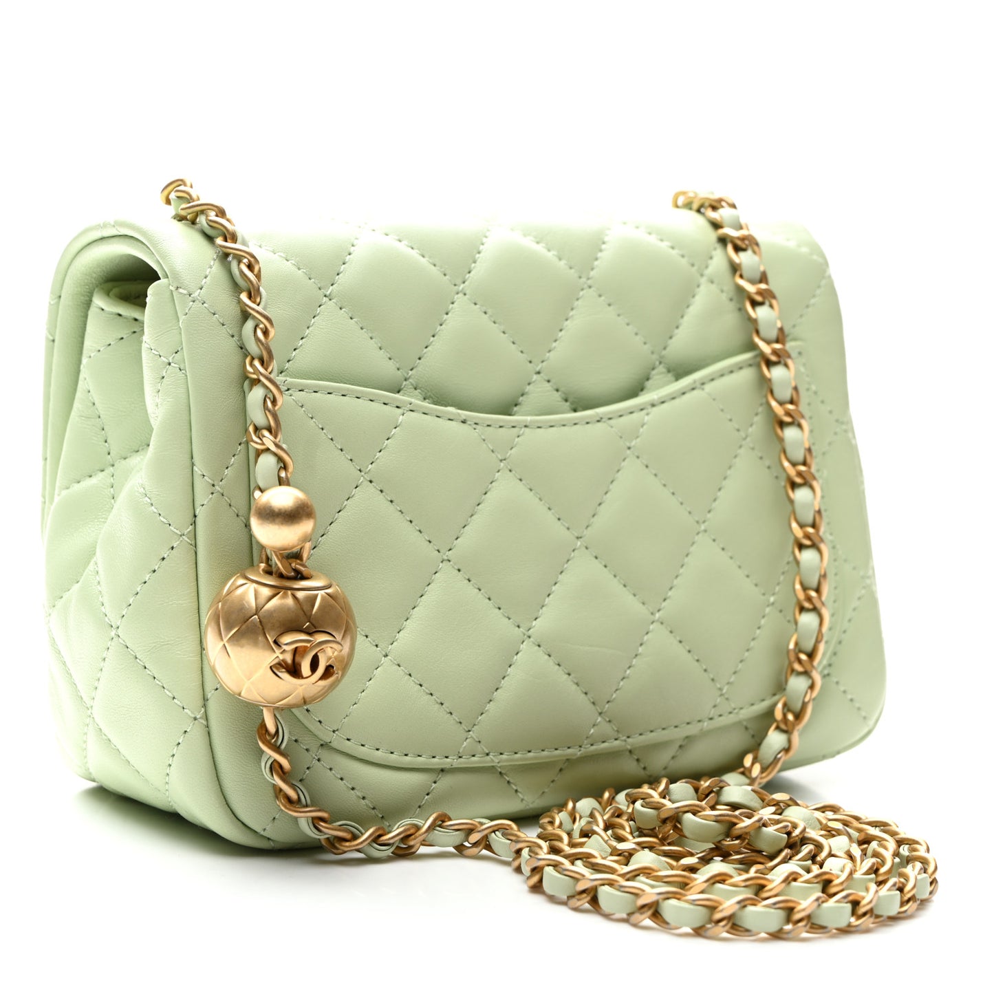 Lambskin Quilted Mini Pearl Crush Flap Light Green