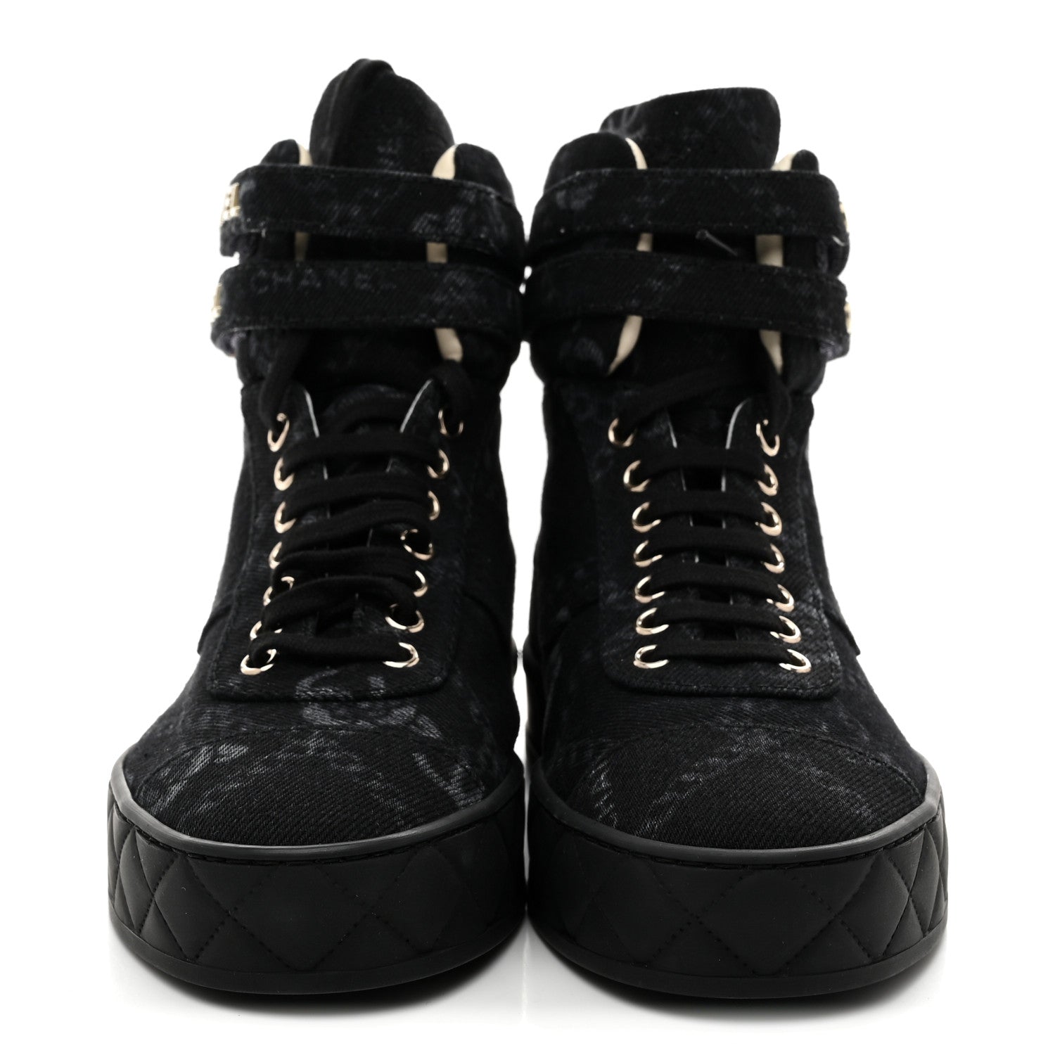 Chanel Printed Denim Logo High Top Sneakers 37.5 Black White 4 of 11