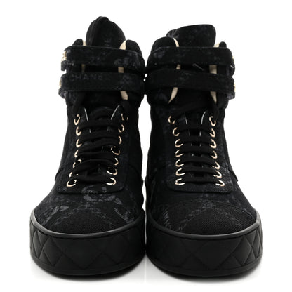 Chanel Printed Denim Logo High Top Sneakers 37.5 Black White 4 of 11