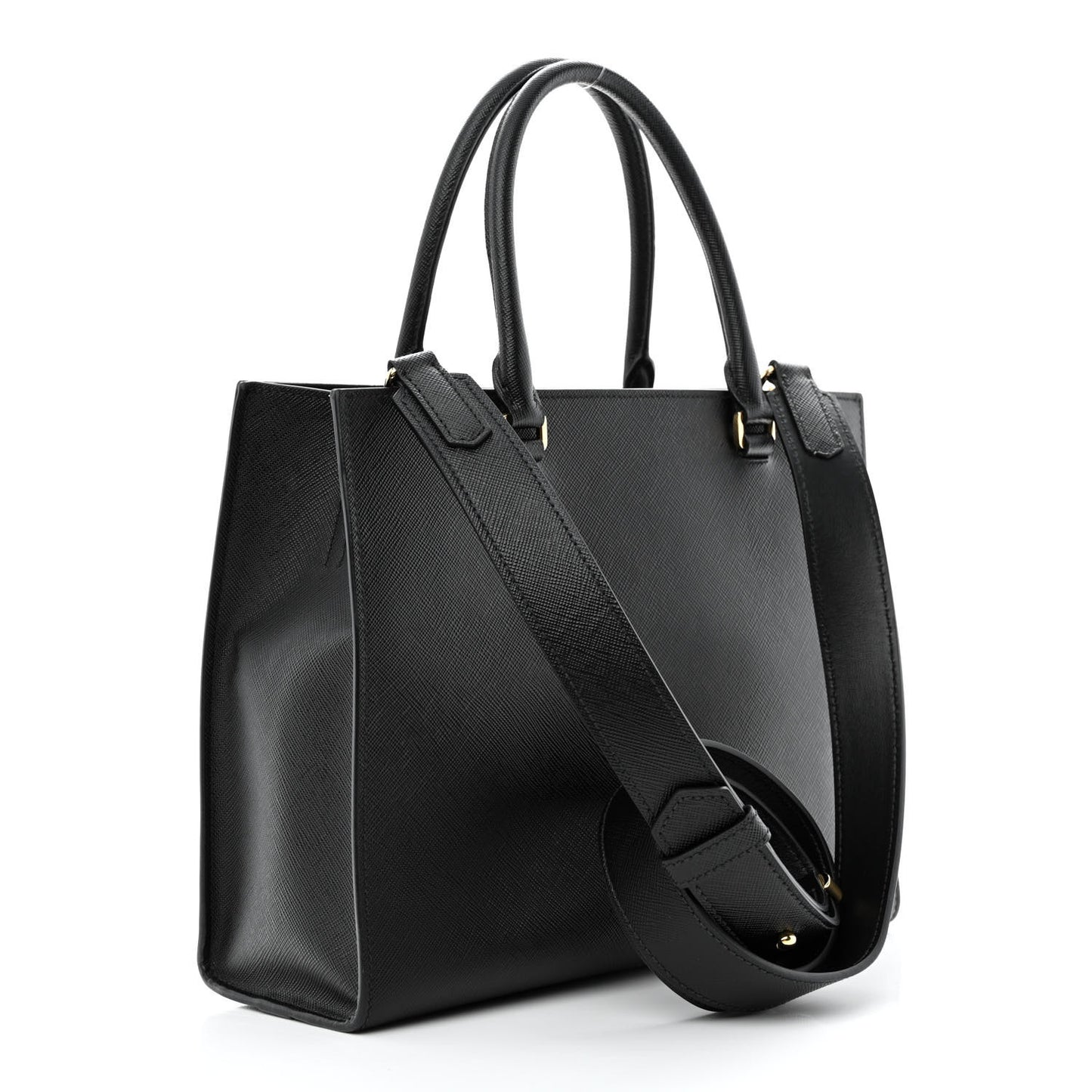 Saffiano Lux Logo Embossed Medium Shoulder Tote Handbag Black