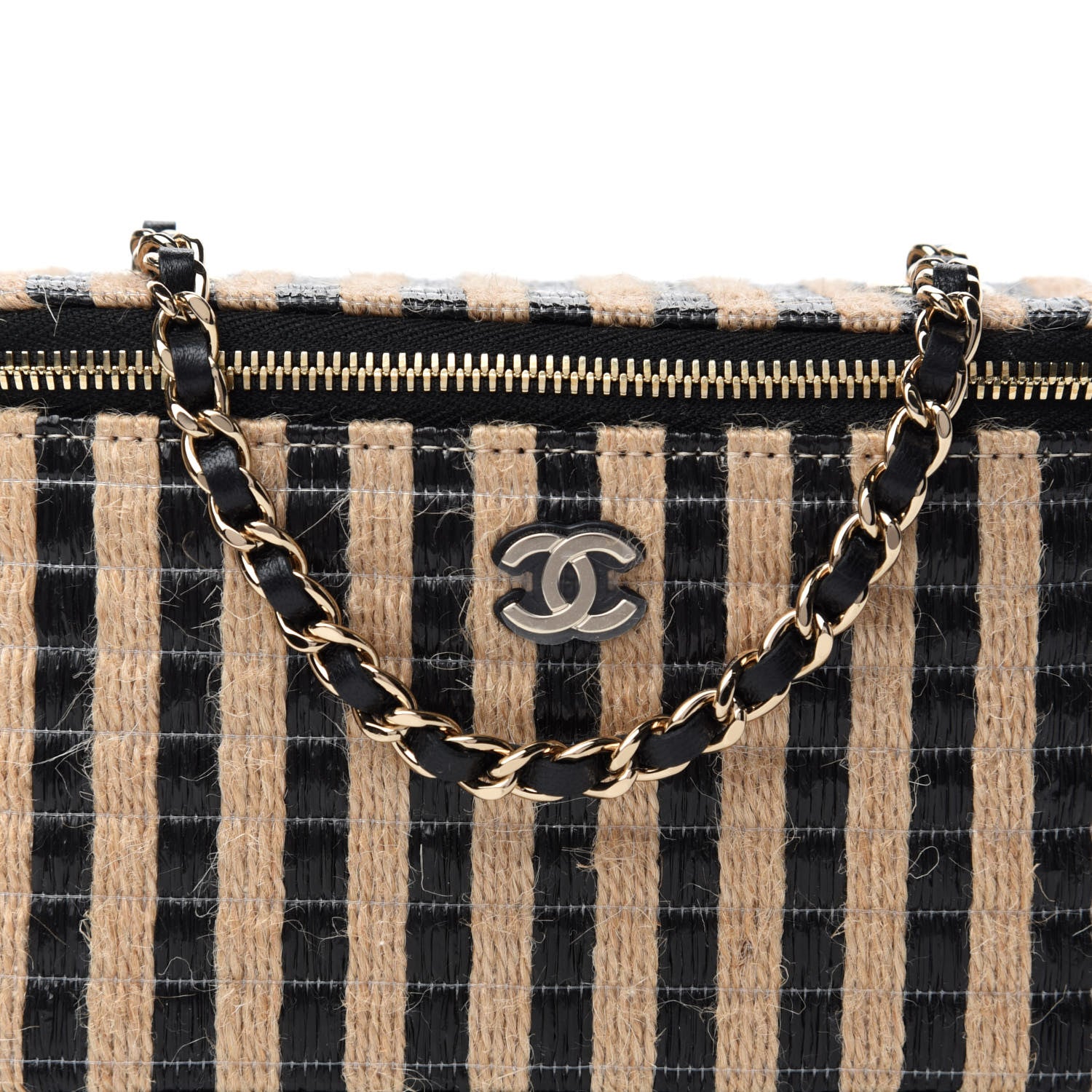 Chanel Raffia Jute Striped Small Vanity Case With Chain Black Beige 10 of 11