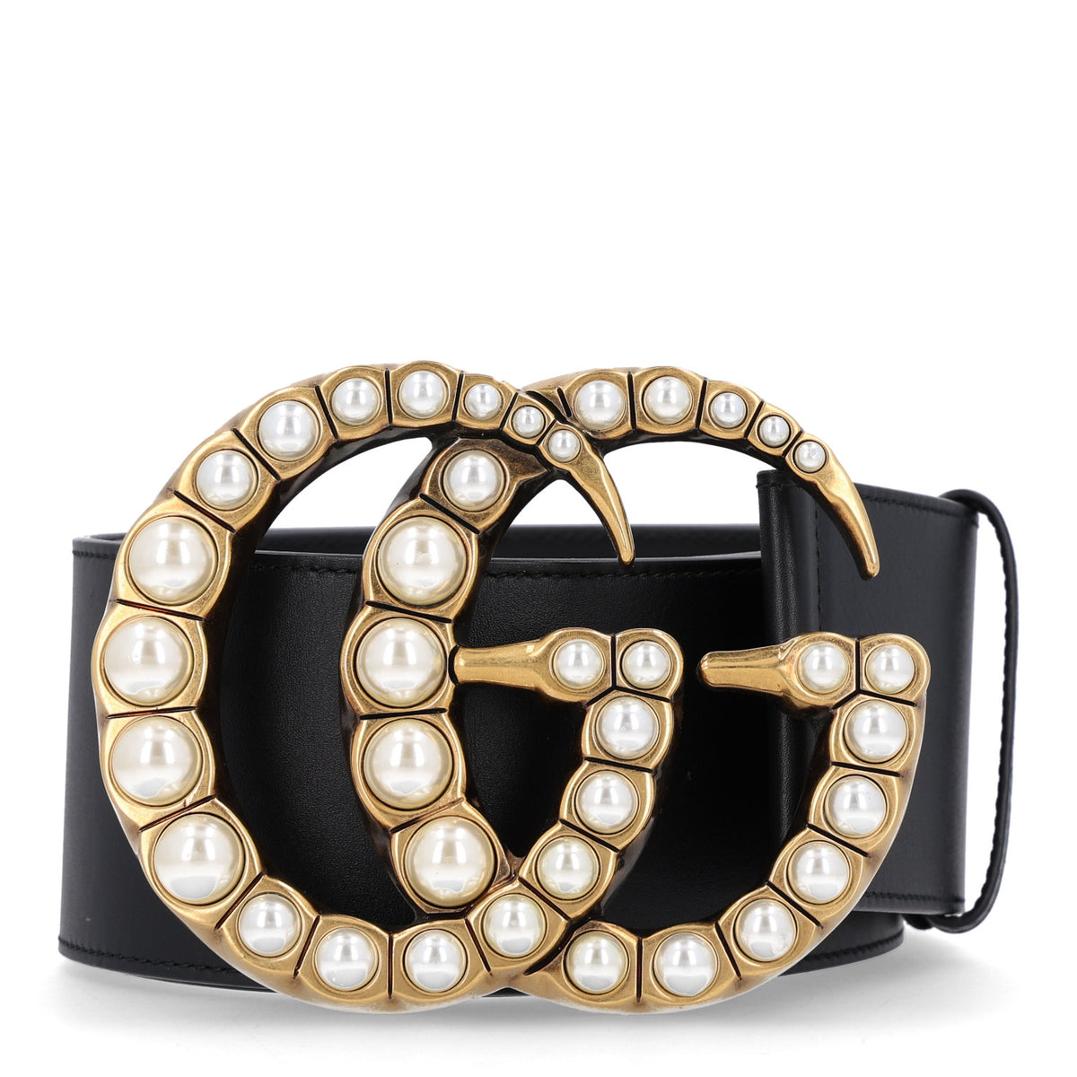 Moon Calfskin Pearl Double G 70mm Belt 85 34 Black Cream