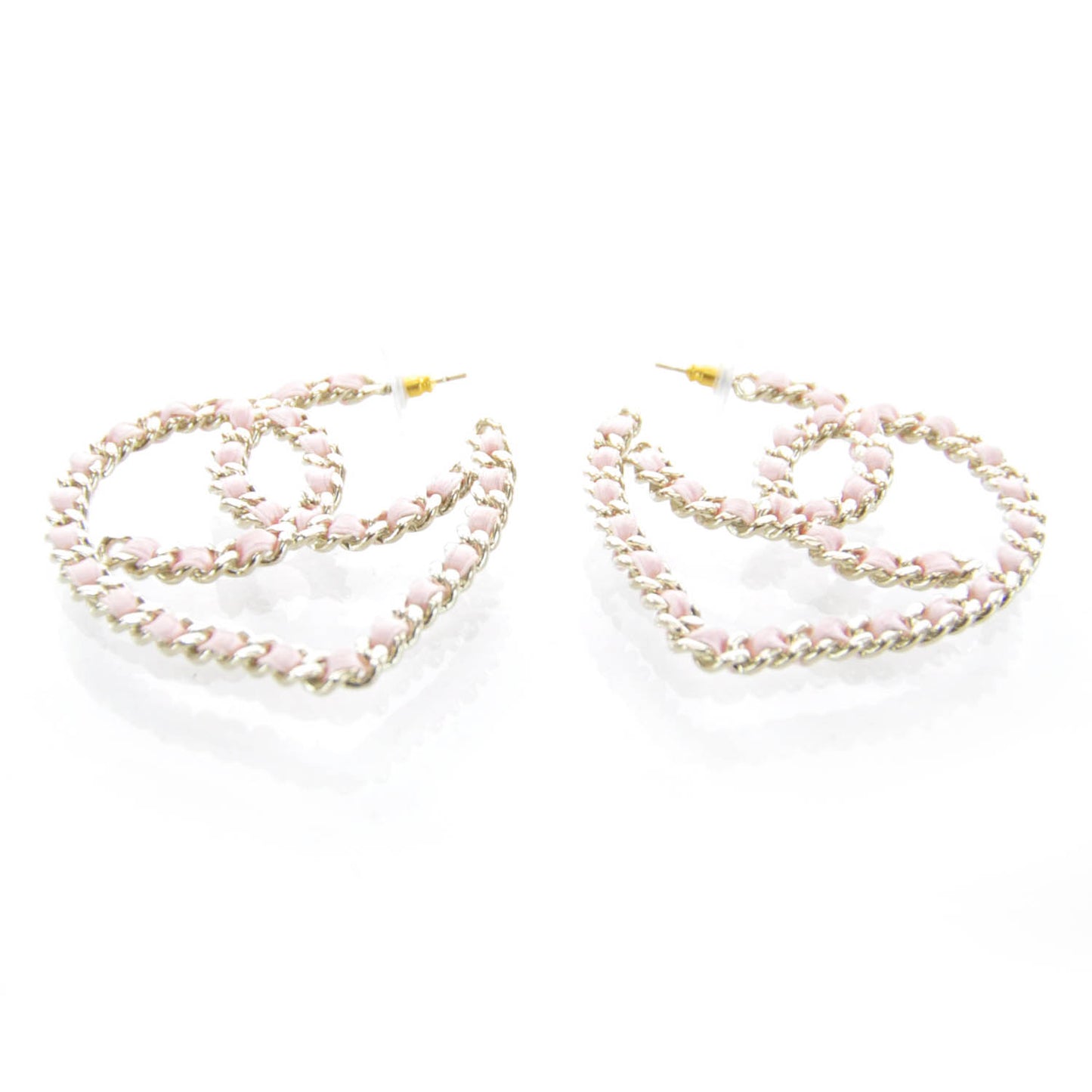 Satin Ribbon CC Heart Chain Earrings Pink