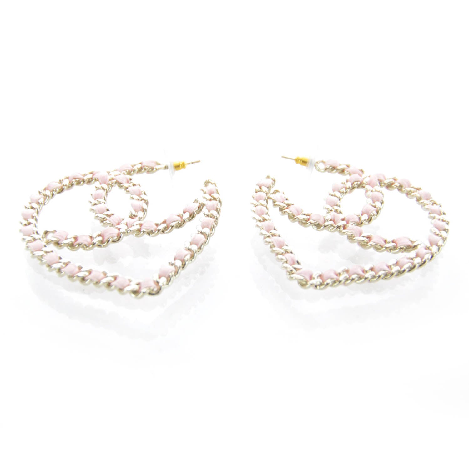Chanel Satin Ribbon CC Heart Chain Earrings Pink 1 of 4