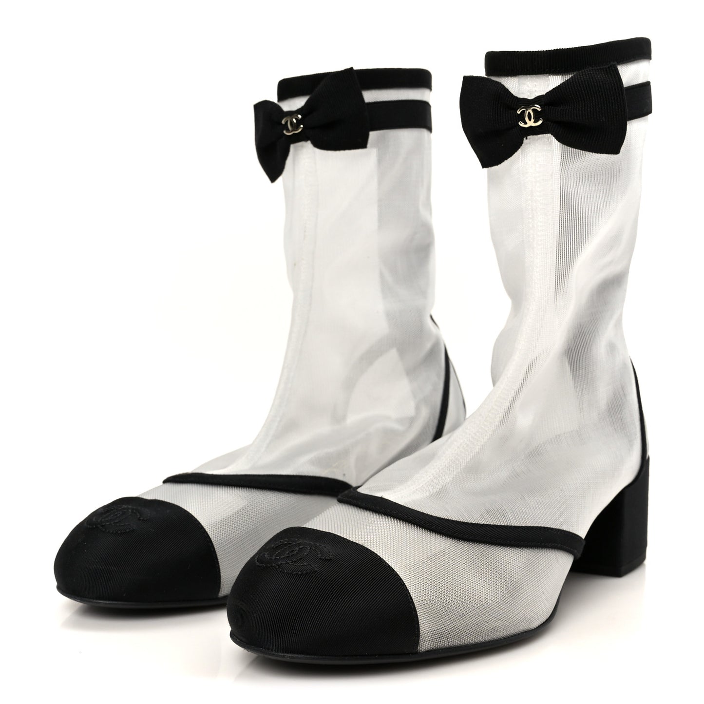Mesh Grosgrain CC Cap Toe Ankle Boots 40 White Black