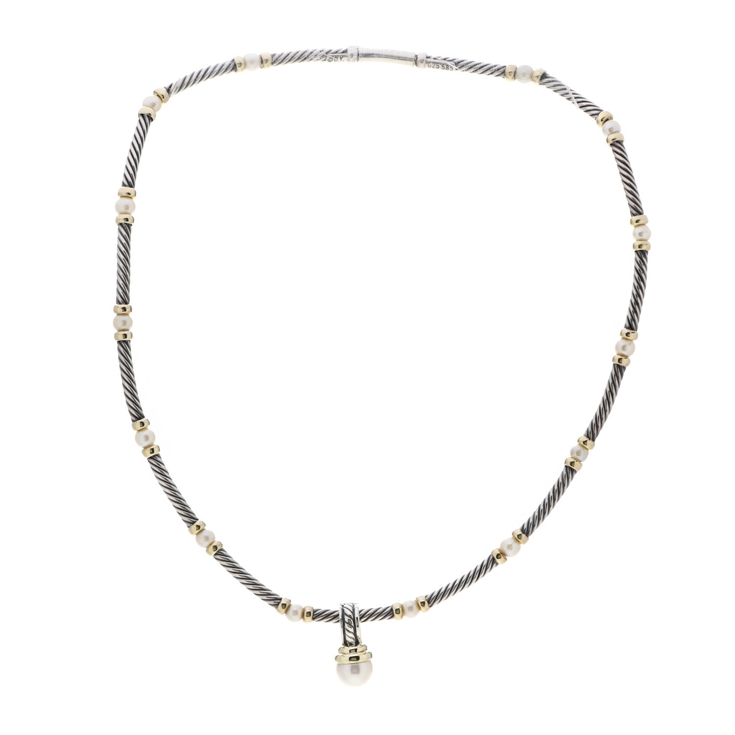 David Yurman Sterling Silver 18K Yellow Gold Diamond Pearl Hampton Cable Choker Necklace 3 of 5