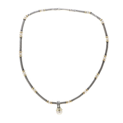 David Yurman Sterling Silver 18K Yellow Gold Diamond Pearl Hampton Cable Choker Necklace 3 of 5