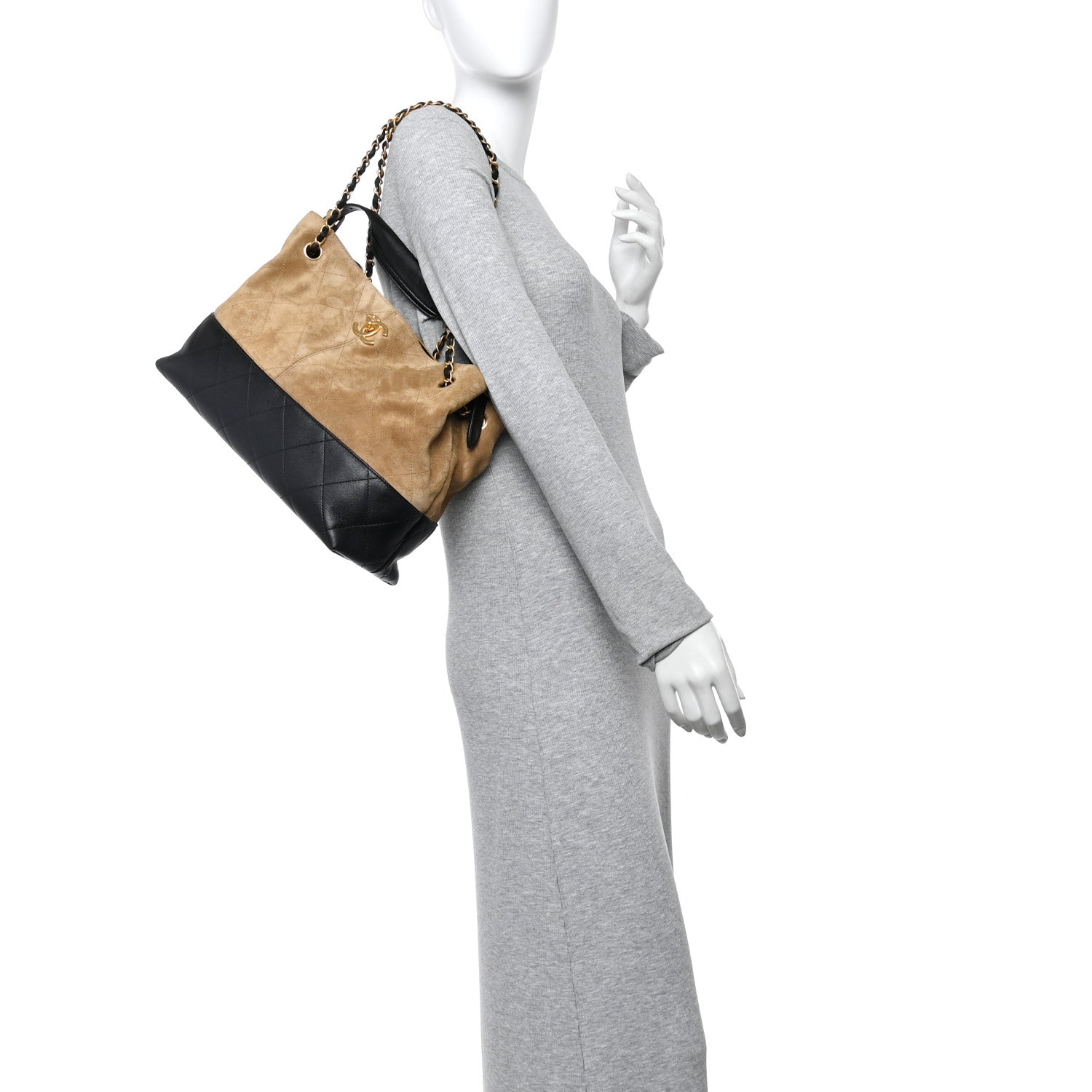 Chanel Suede Calfskin Shiny Lambskin Quilted Small Coco Base Shopping Bag Beige Black 2 of 10