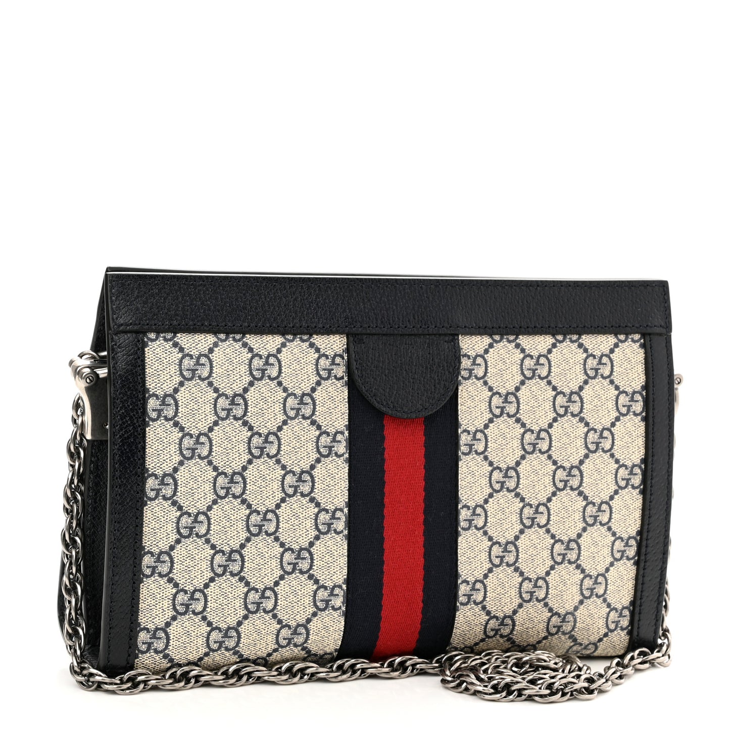 GG Supreme Monogram Textured Dollar Calfskin Web Small Ophidia Chain Shoulder Bag Beige Blue