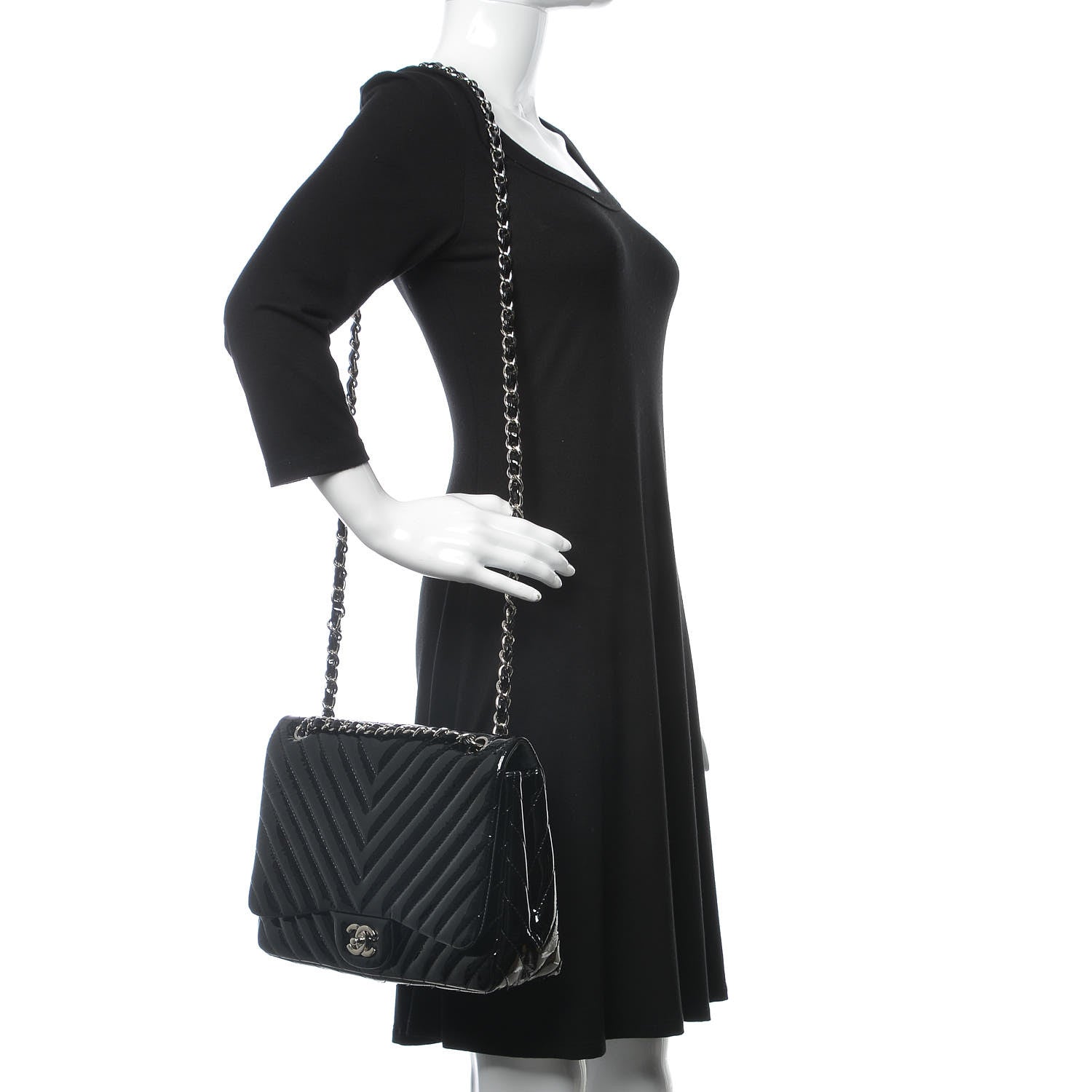 Chanel Patent Chevron Quilted Jumbo Single Flap Black 2 of 9