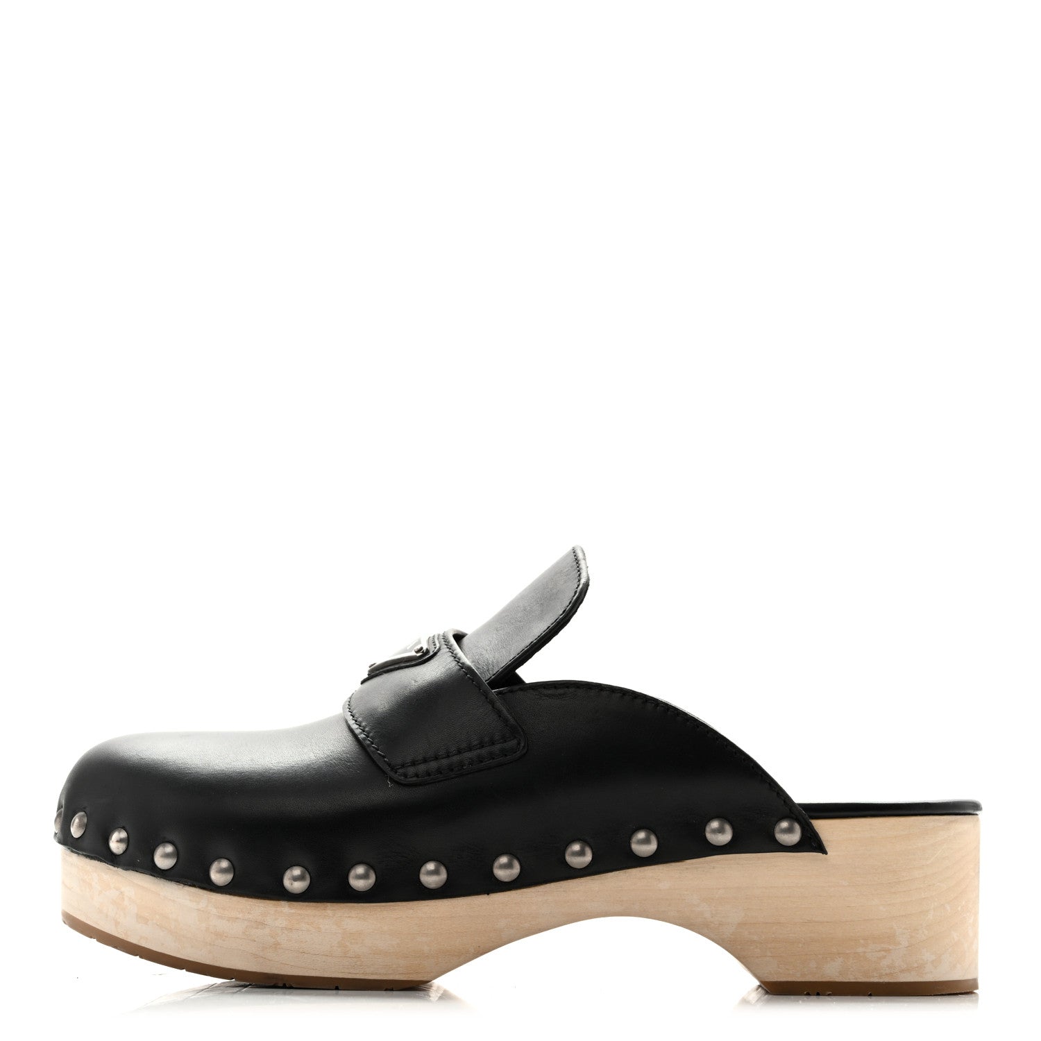 Prada Natural Calfskin Metal Triangle Logo 45mm Clogs 40 Black Sabbia 1 of 15
