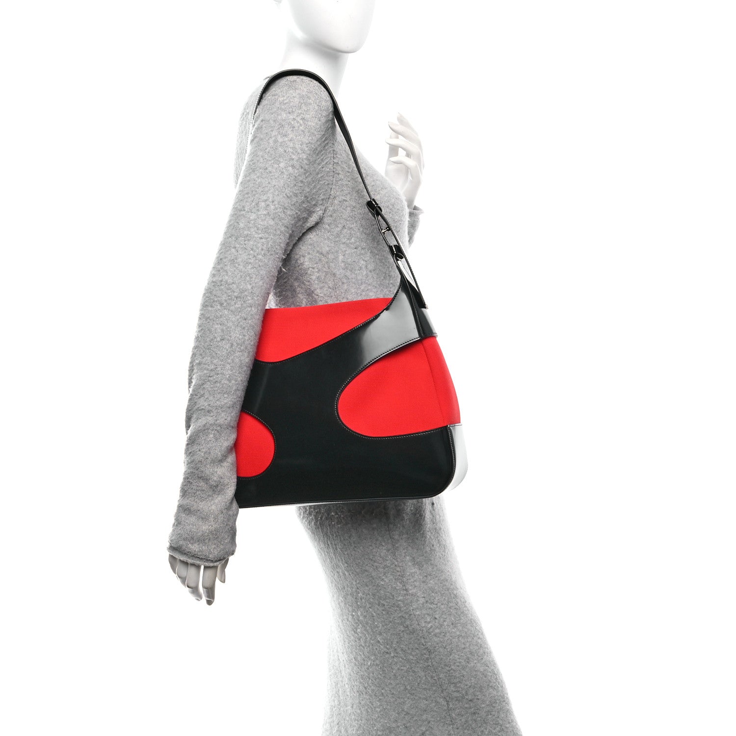 Salvatore Ferragamo Brushed Calfskin Canvas Cut Out Shoulder Bag Black Flame Red 2 of 9