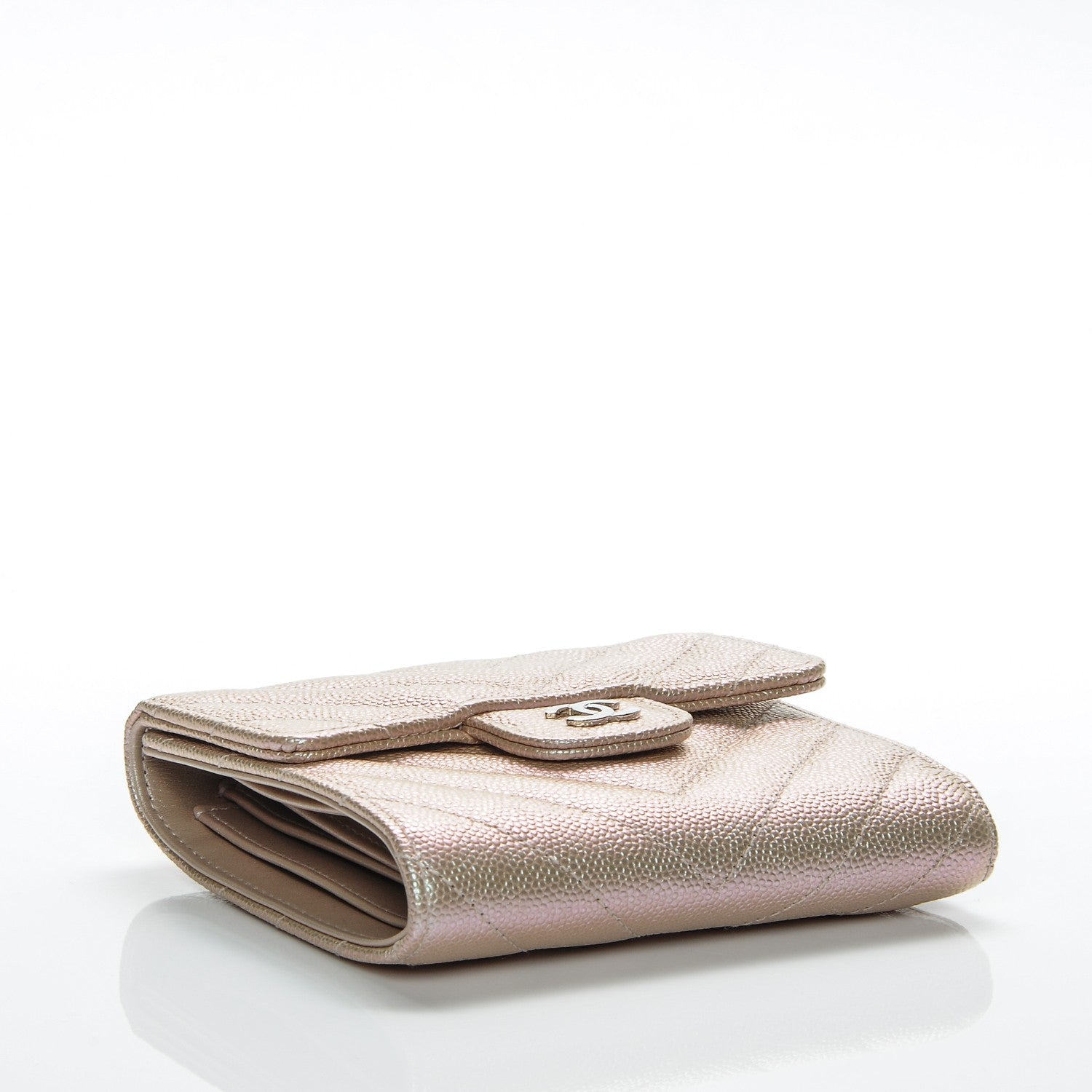 Chanel Metallic Caviar Chevron Quilted Compact Flap Wallet Light Gold 4 of 10