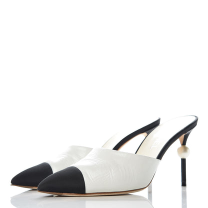 Chanel Patent Lambskin Grosgrain Cap Toe Pearl Mule 39 White Black 3 of 15