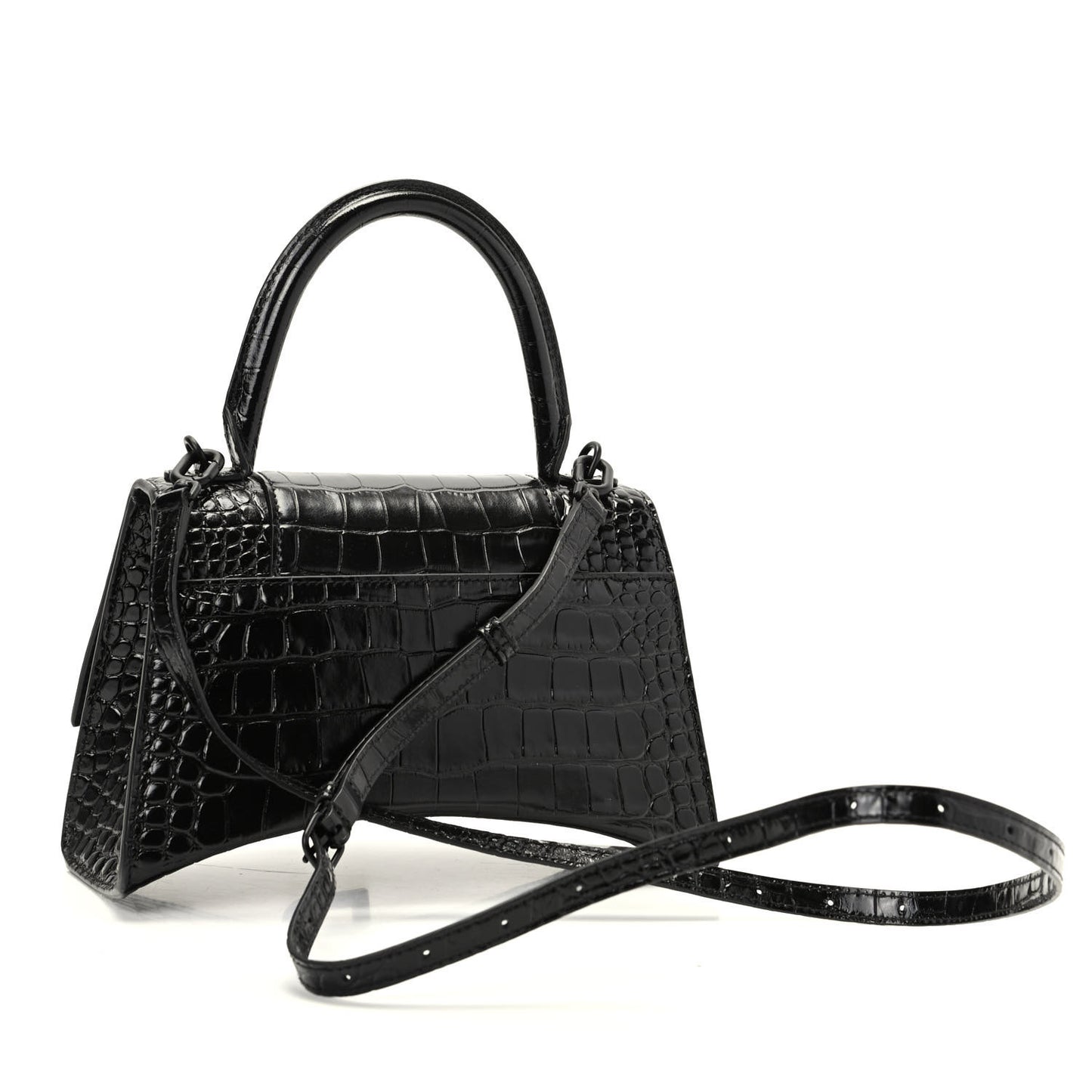 Shiny Calfskin Monochrome Crocodile Embossed Small Hourglass Top Handle Bag Black