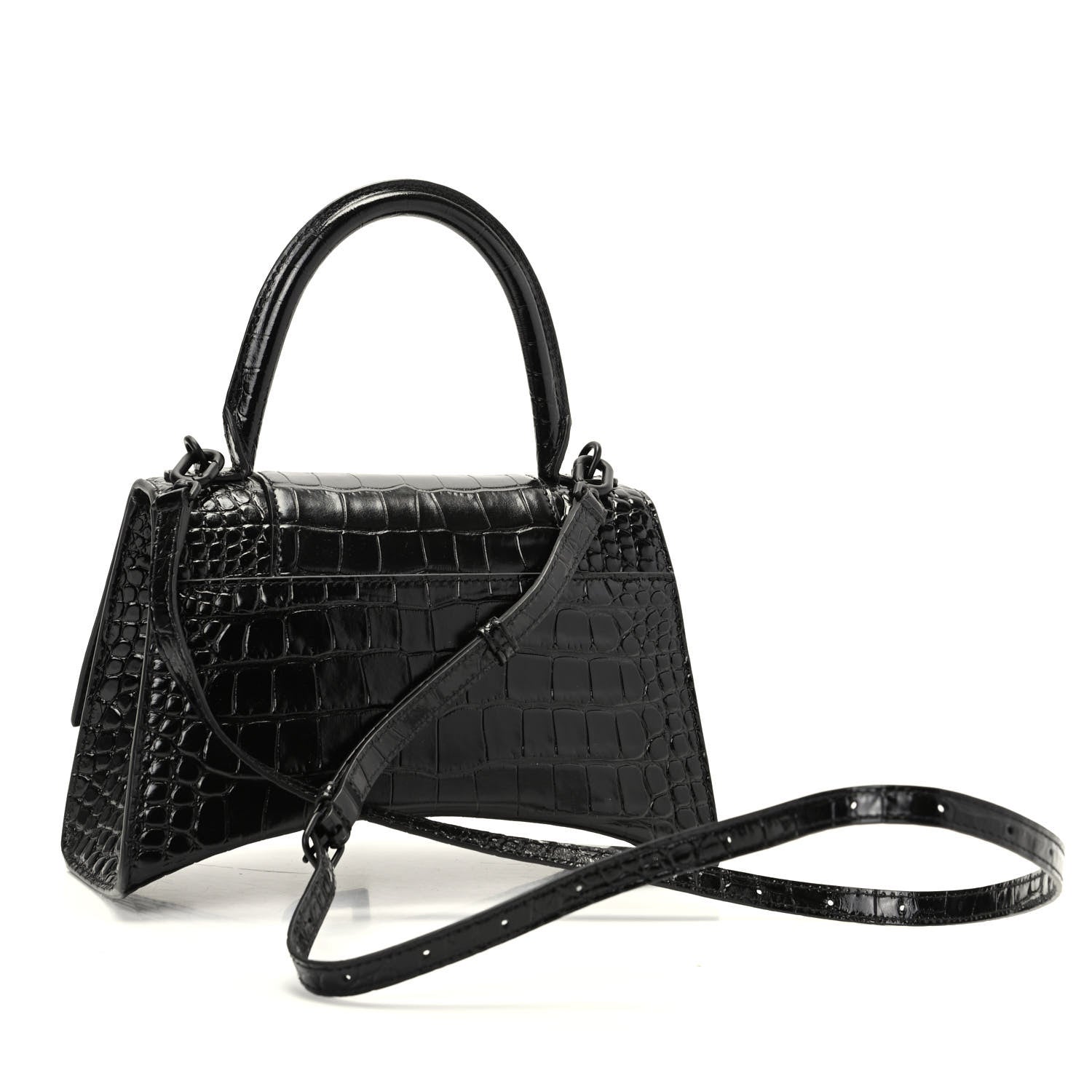 Balenciaga Shiny Calfskin Monochrome Crocodile Embossed Small Hourglass Top Handle Bag Black 3 of 8