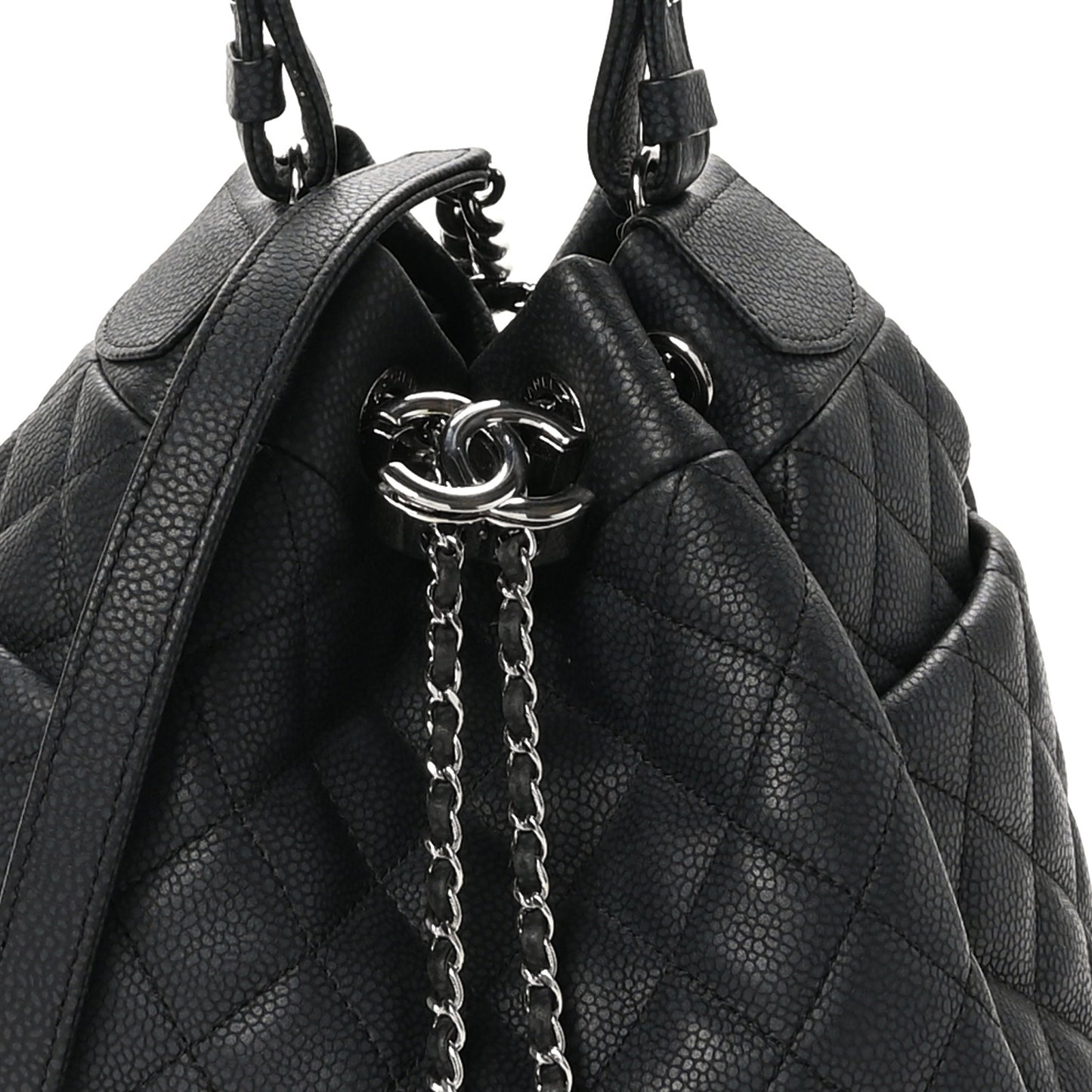Caviar Flat Quilted CC Chain Bucket Drawstring Bag Black