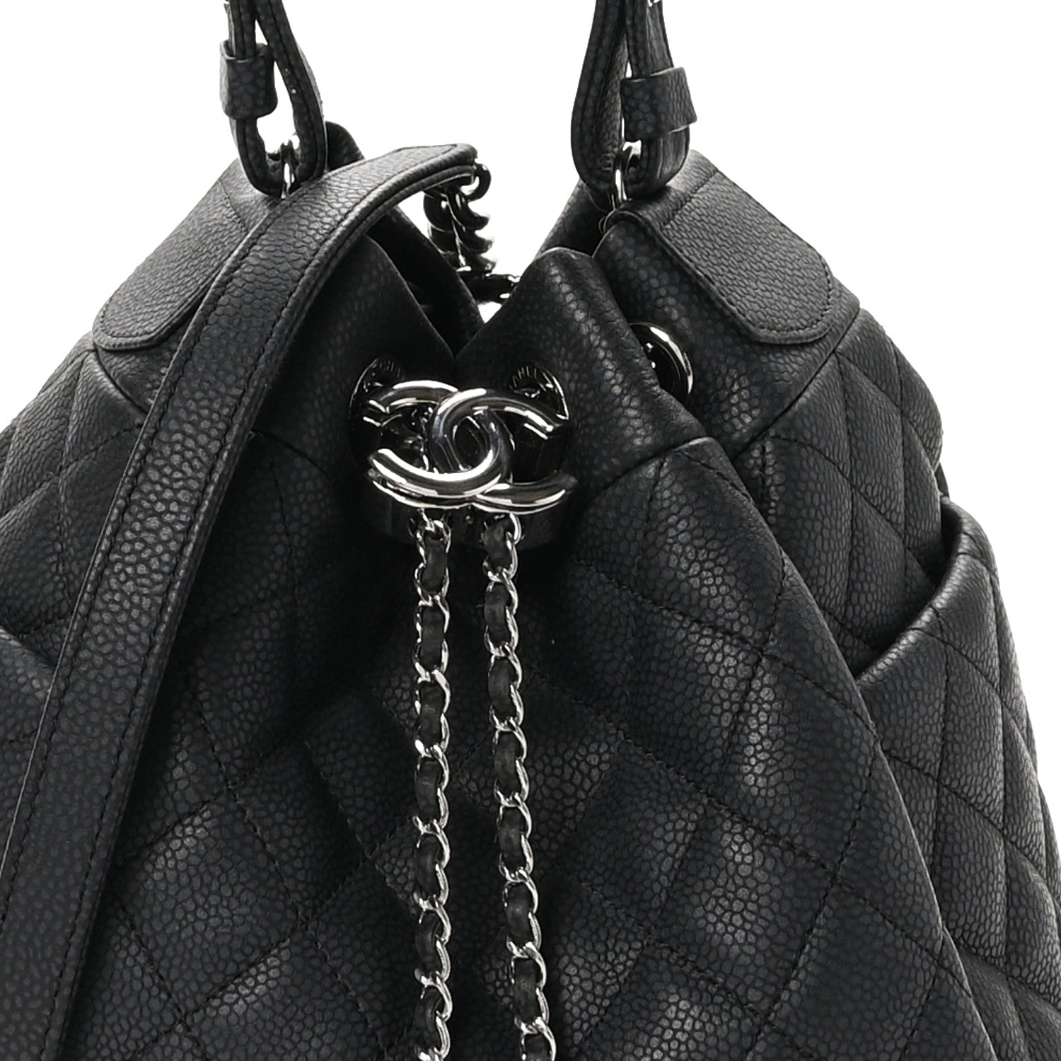 Chanel Caviar Flat Quilted CC Chain Bucket Drawstring Bag Black 8 of 10