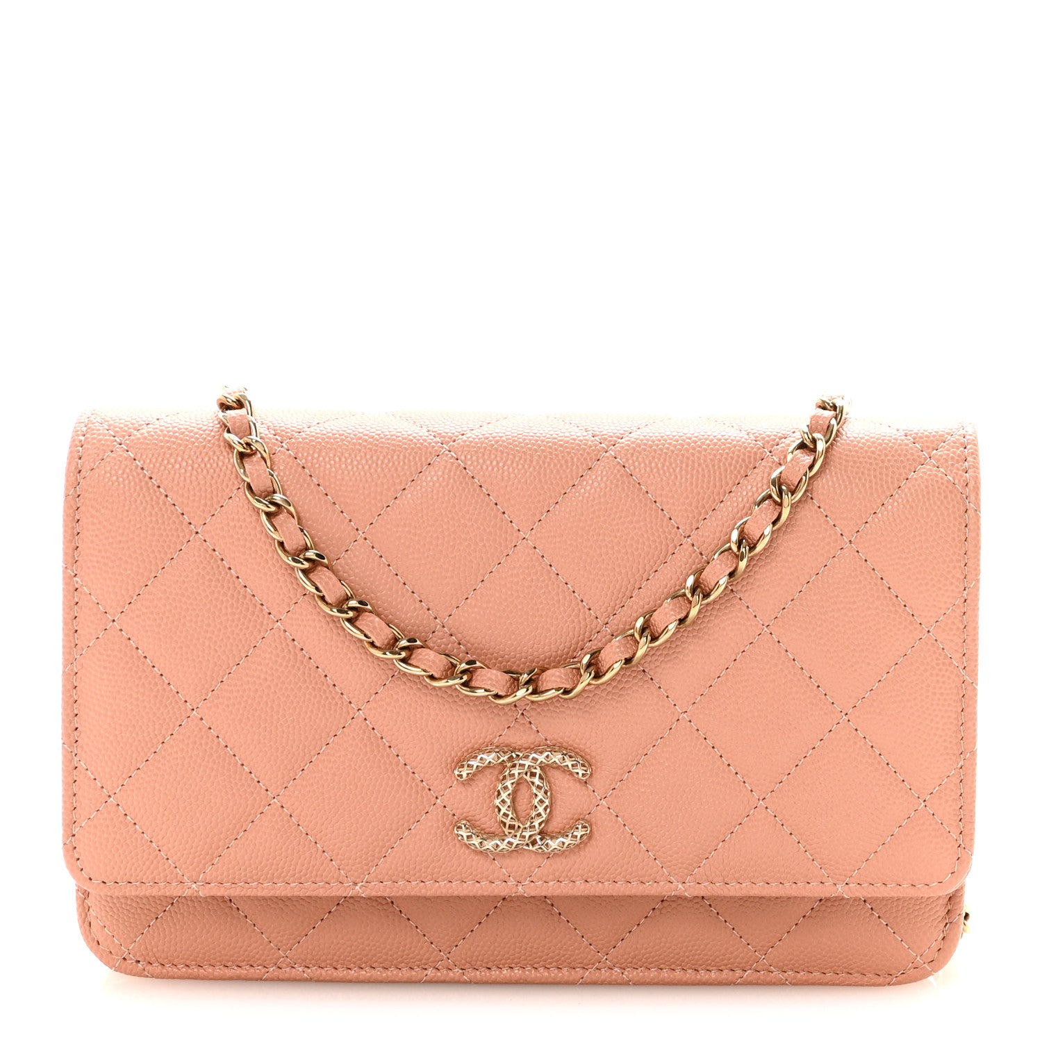 Chanel Caviar Quilted Perforated Metal CC Wallet On Chain WOC Beige 1 of 12
